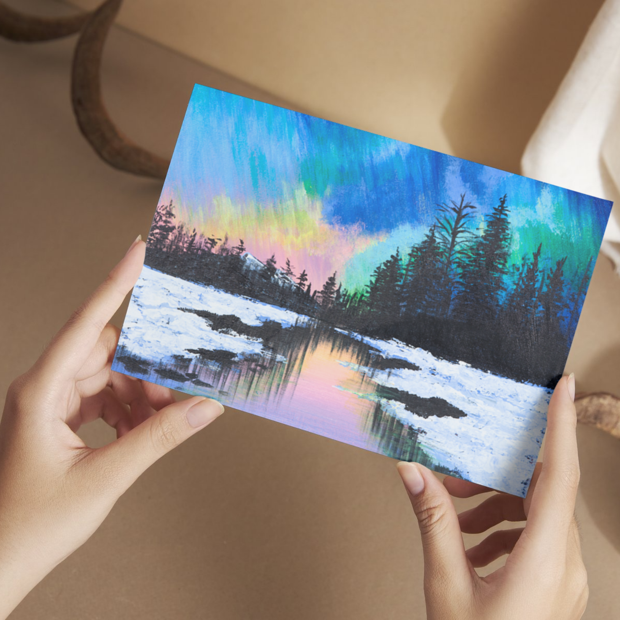 Aurora Borealis Winter Landscape Card – Acrylic Painting
