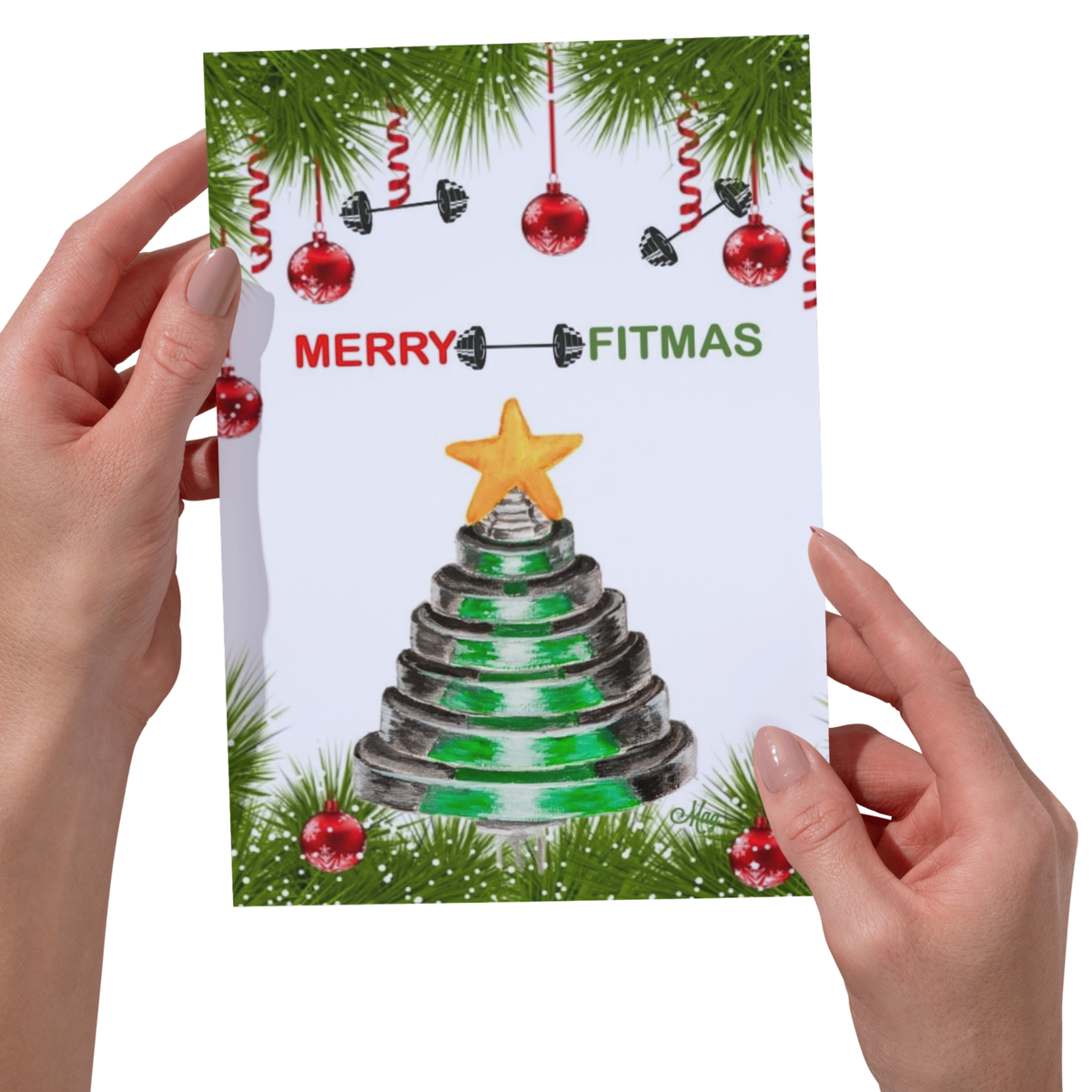 Merry Fitmas Weight Plate Christmas Tree — Original Acrylic Painting Card | Funny Gym Gift