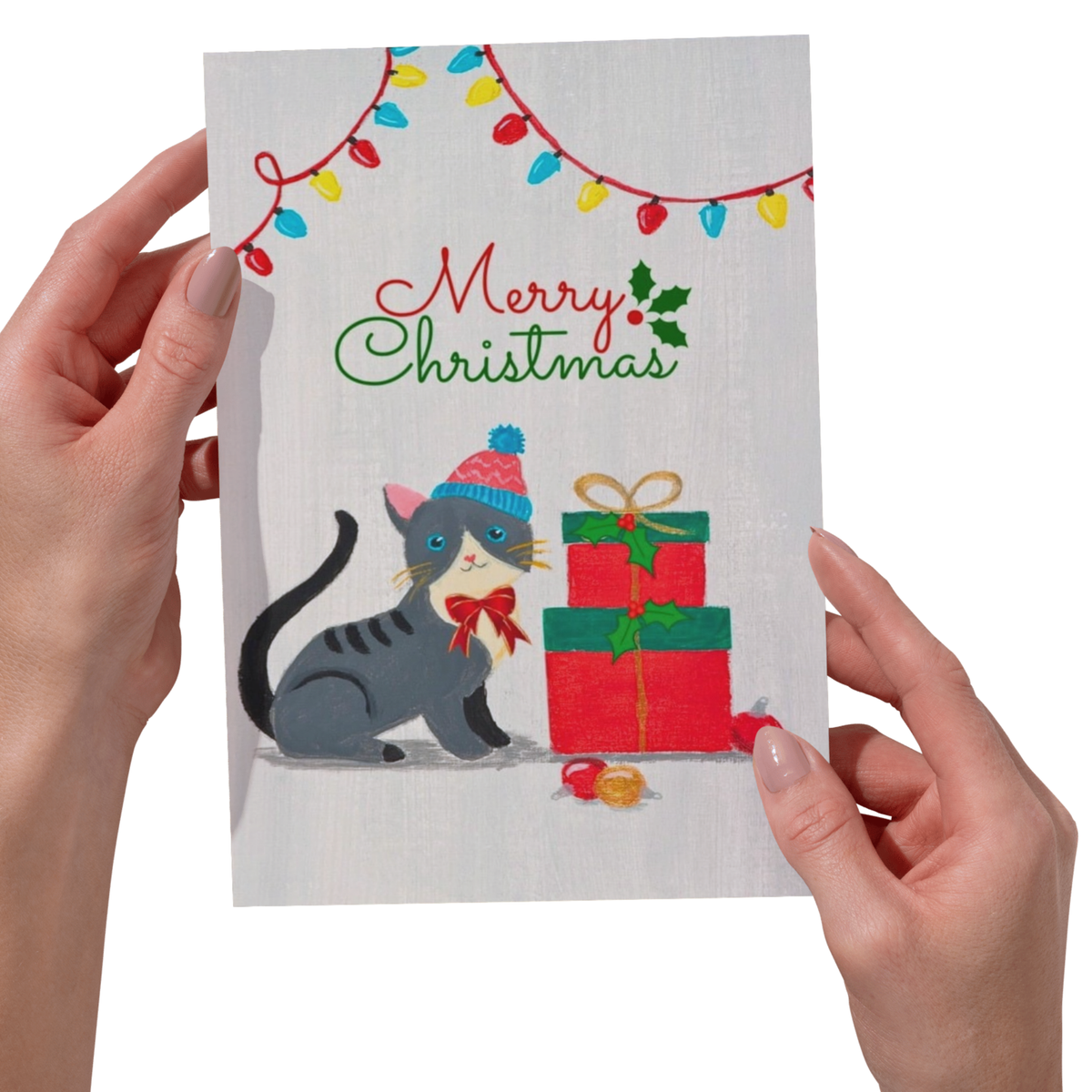 Merry Christmas Kitten in Bobble Hat & Gift Boxes — Original Acrylic Painting Card | Cute Cat Gift