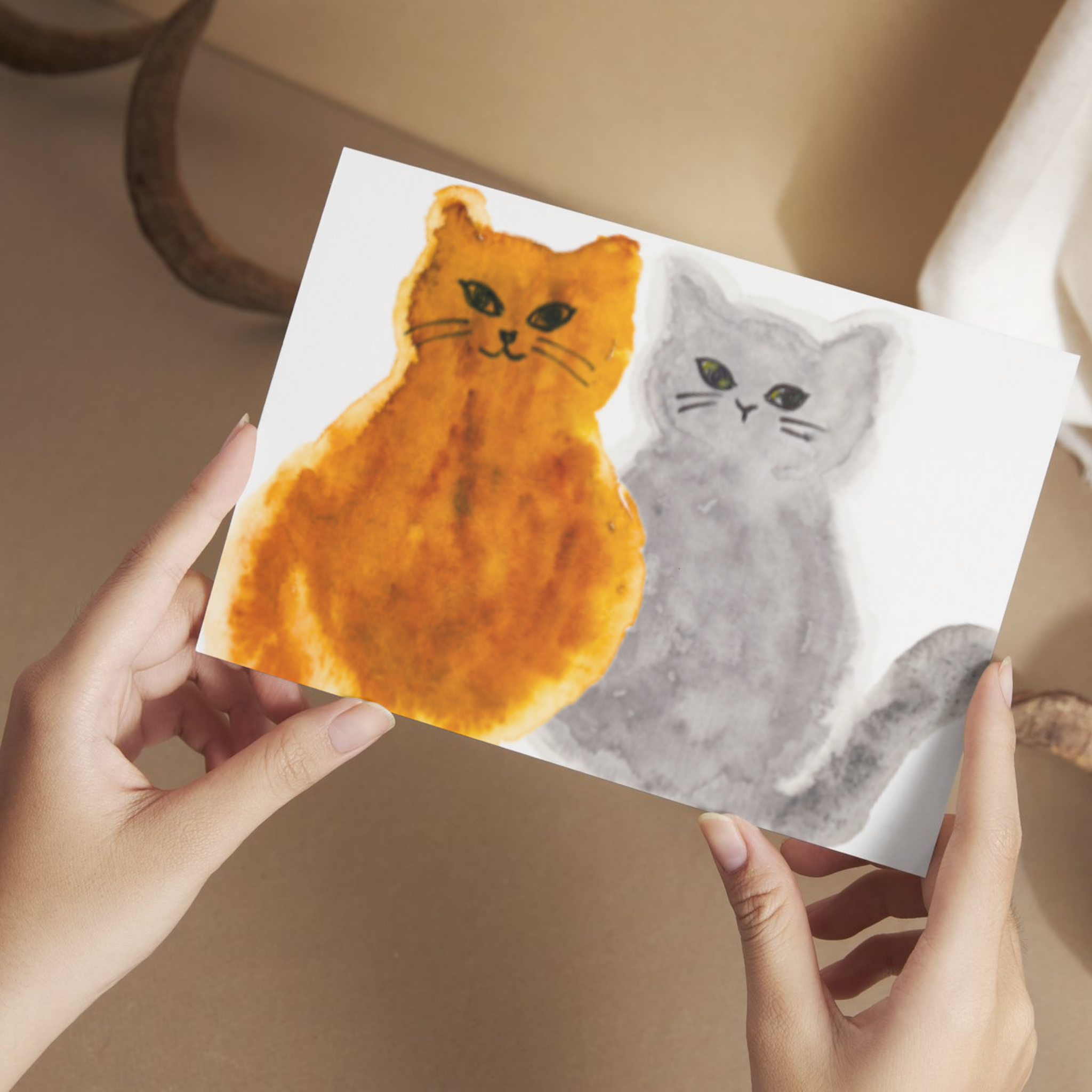 Original Watercolour Cat Art Card – Orange & Gray Companions