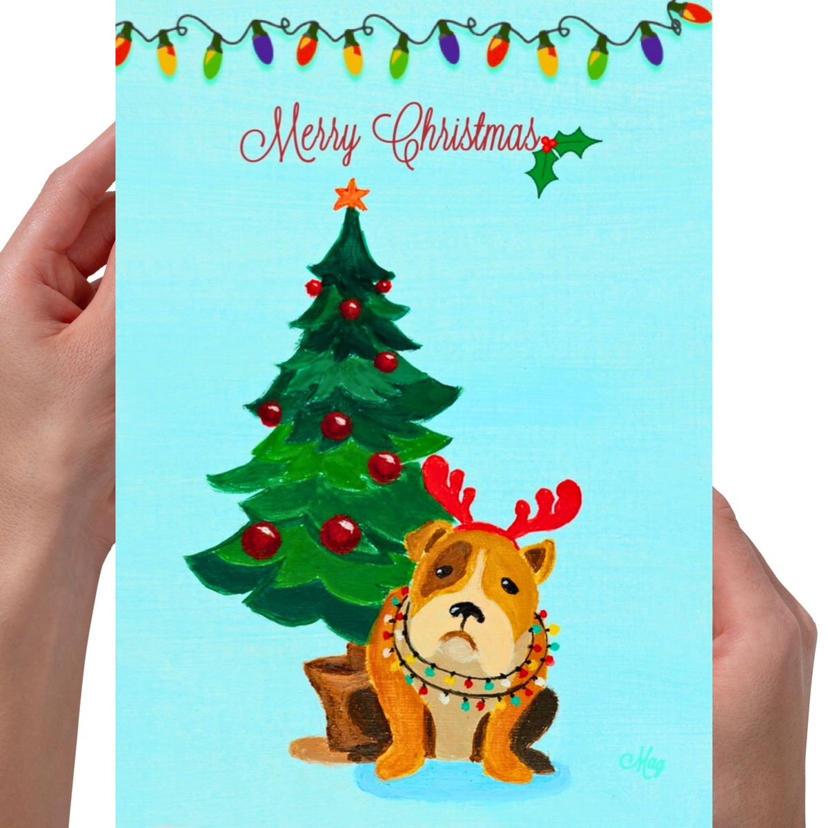 Merry Christmas Grumpy Bulldog Reindeer — Original Acrylic Painting Card | Funny Dog Lover Gift