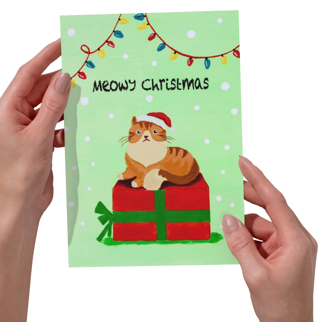 Meowy Christmas Santa Cat on Gift Box — Original Acrylic Painting Card | Funny Cat Lover Gift