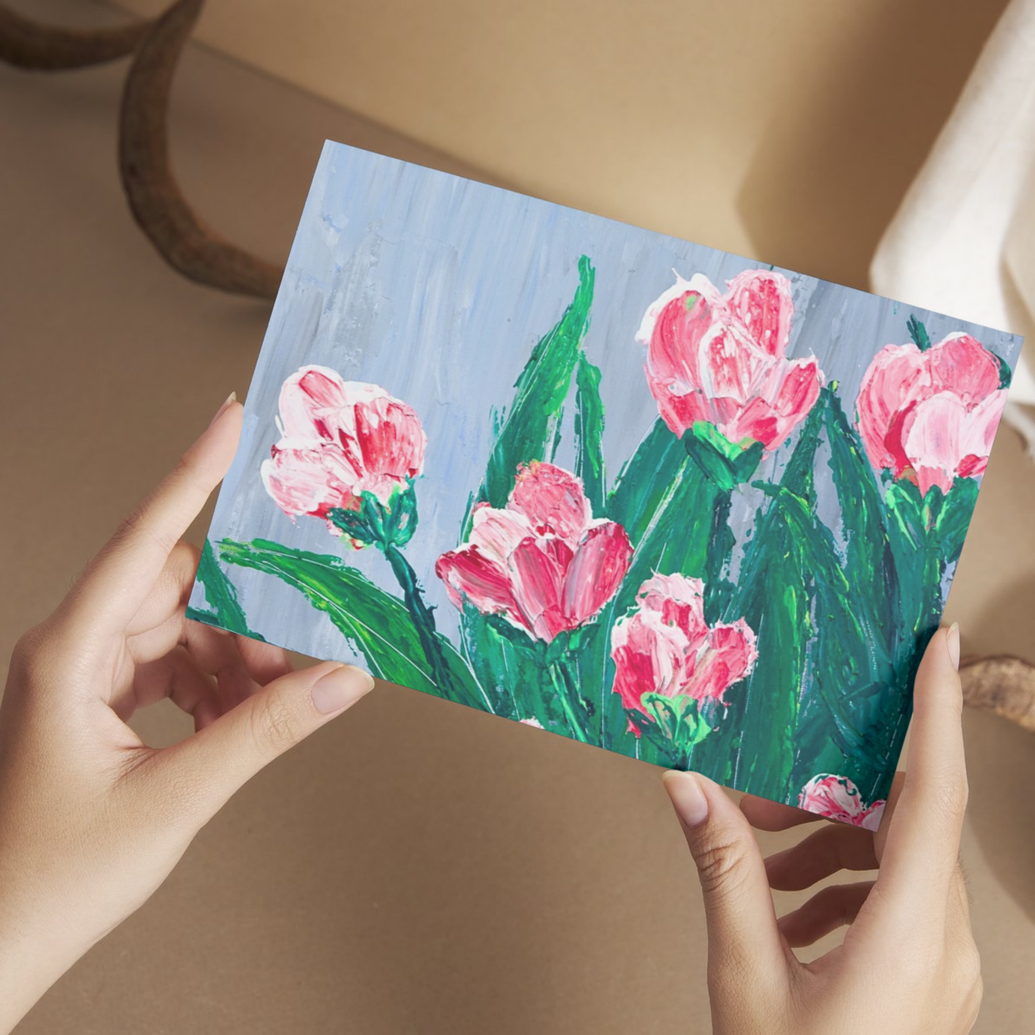 Pink Blossoms Floral Card – Impasto Acrylic Painting Design