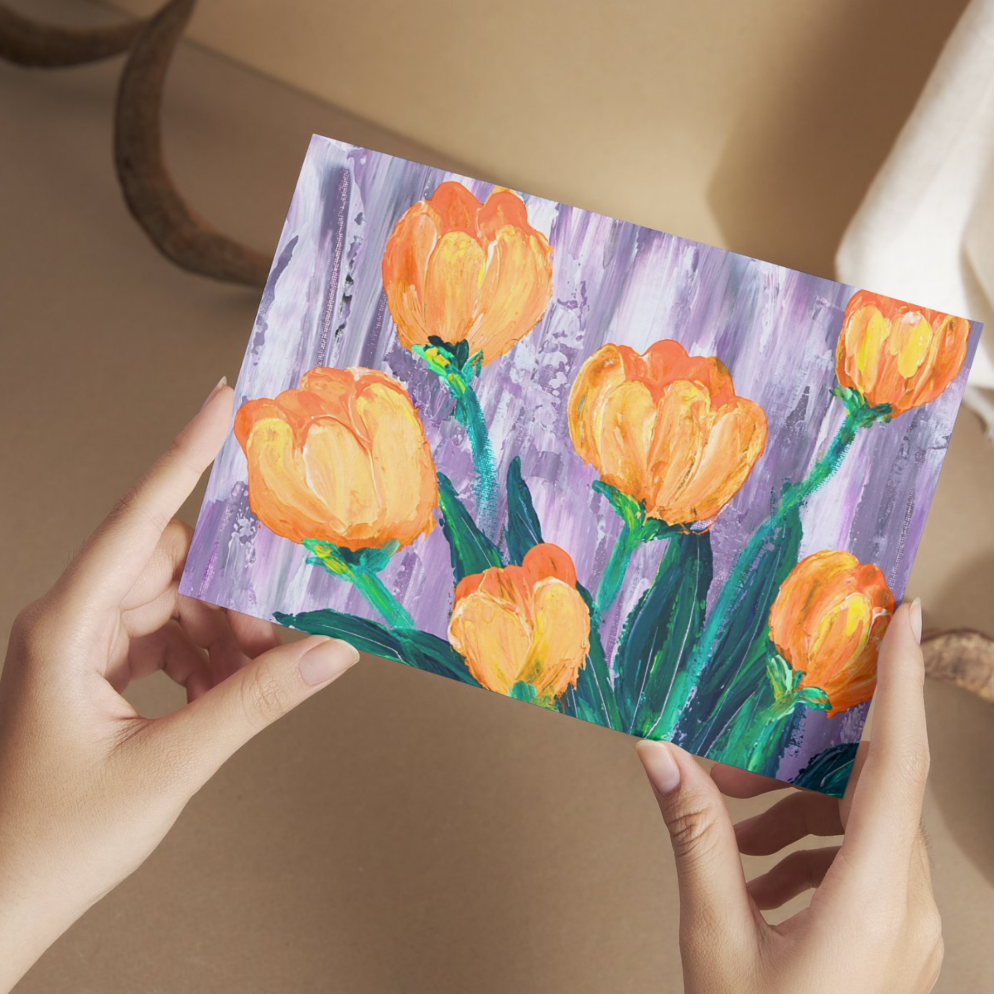 Orange Tulips Floral Card – Impasto Acrylic Painting Design