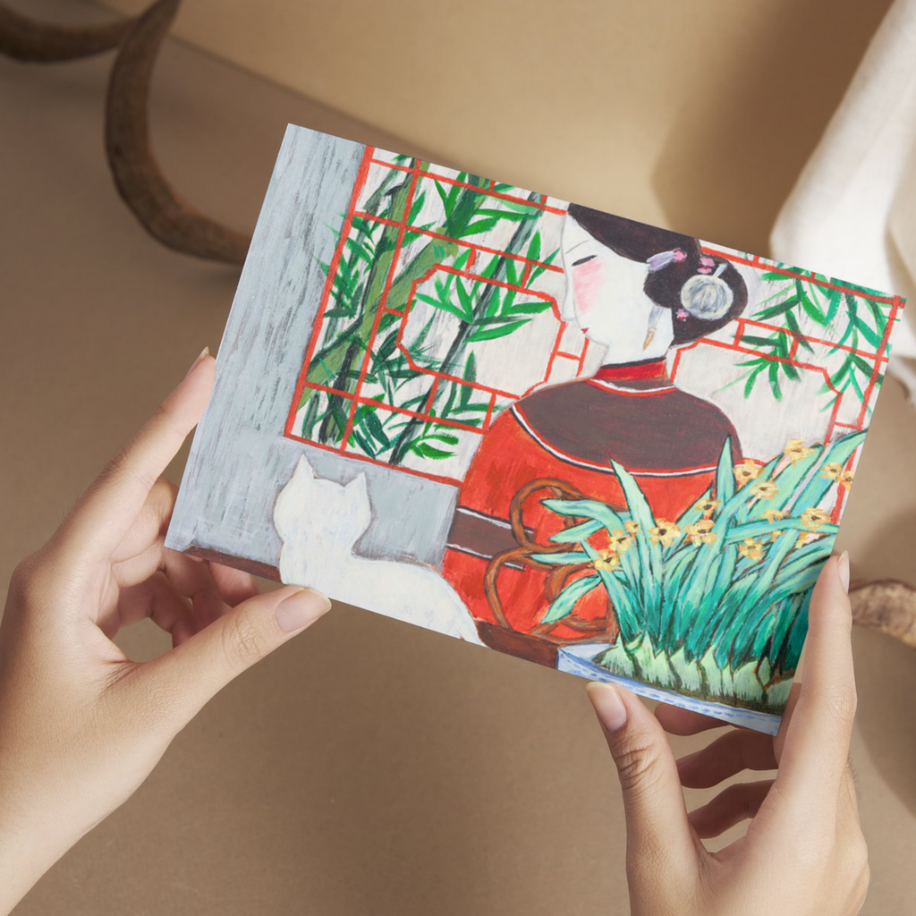 Oriental Lady with Cat – Bamboo Garden Art Greeting Card