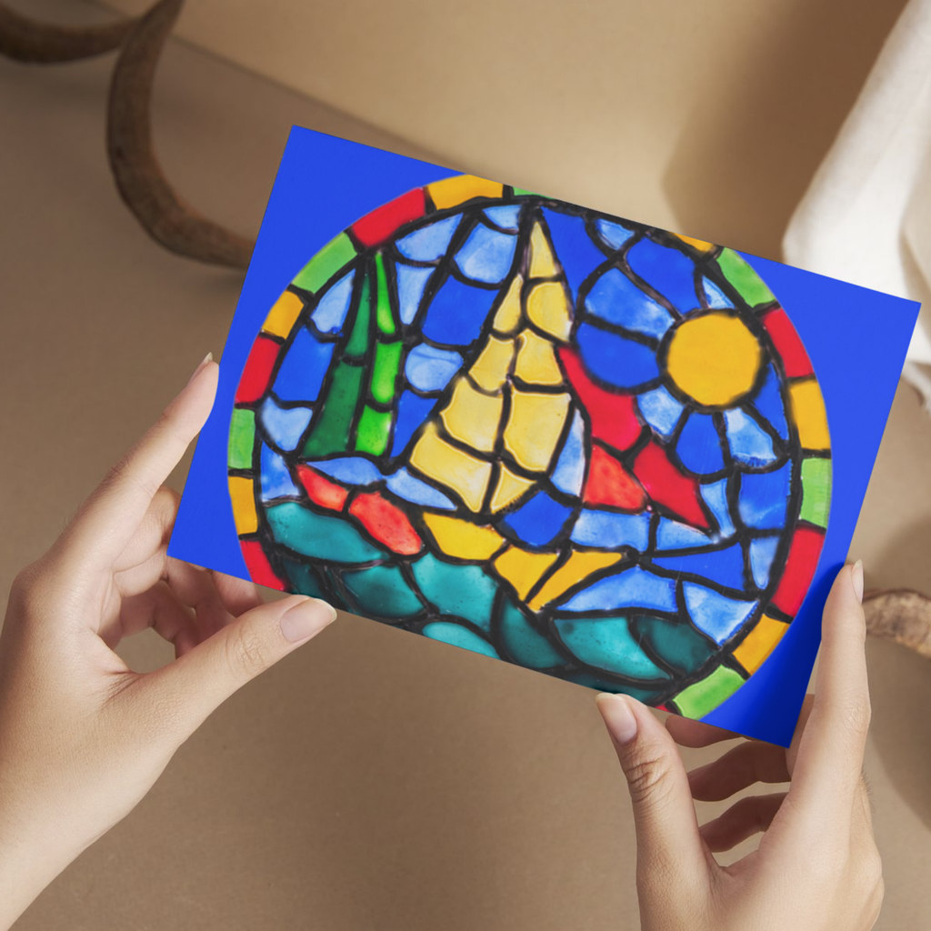 Stained Glass Sailboat at Sea — Original Acrylic Painting Card | Nautical Sun & Ocean Art