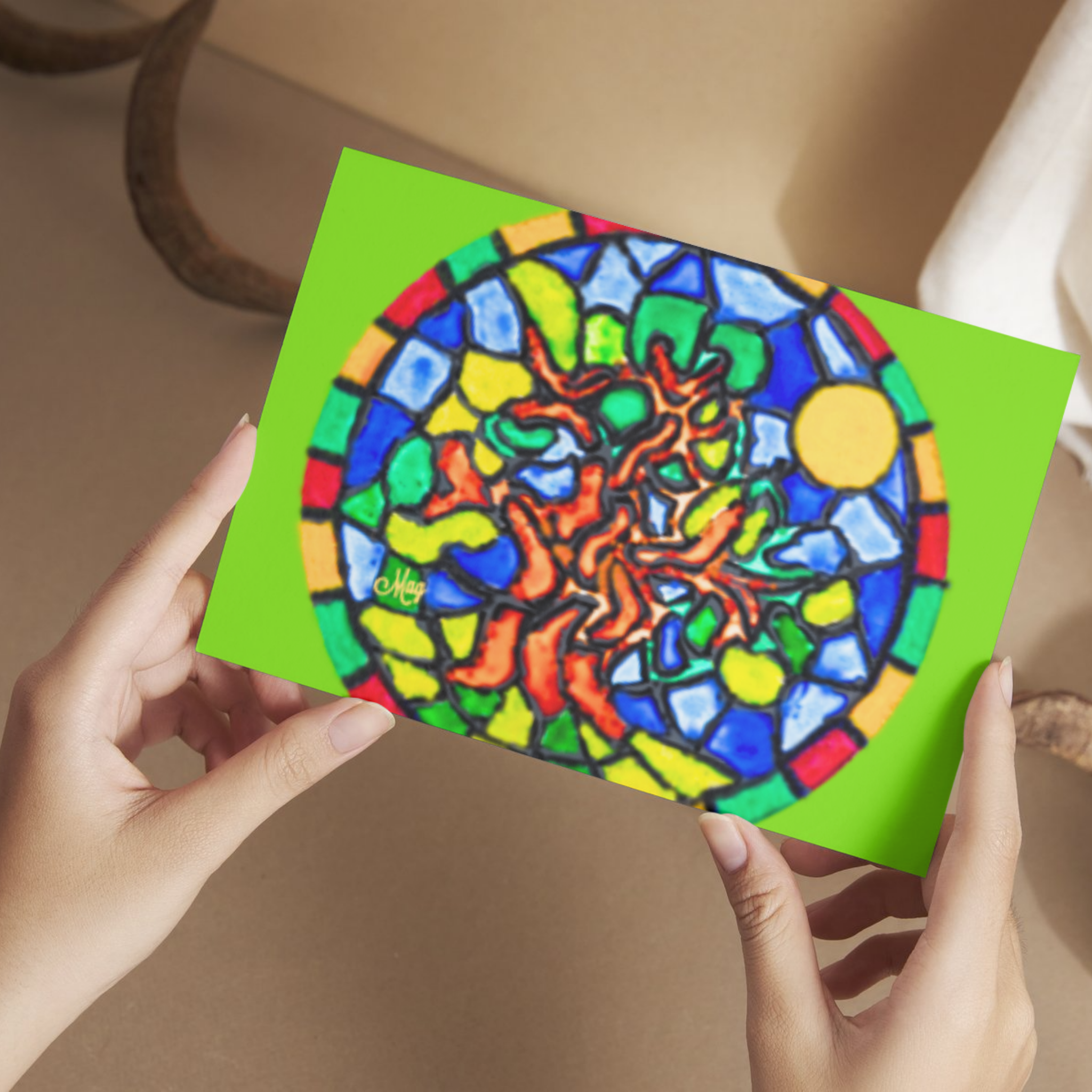 Stained Glass Tree of Life — Original Acrylic Painting Card | Vibrant Sun & Fire Art