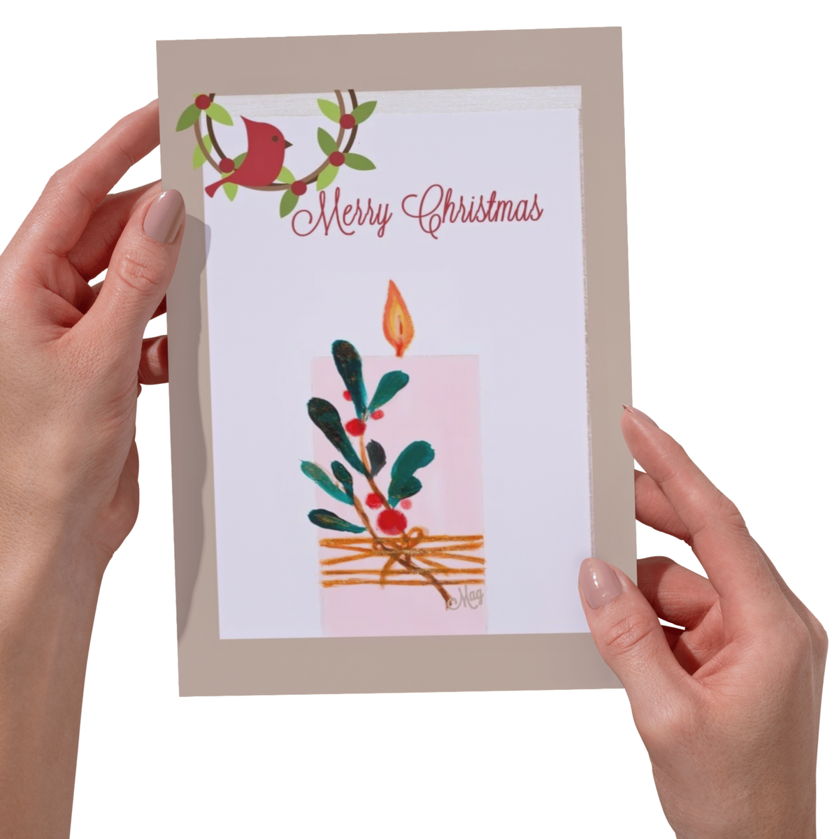 Merry Christmas Candle & Robin — Original Acrylic Painting Card | Warm Festive Gift