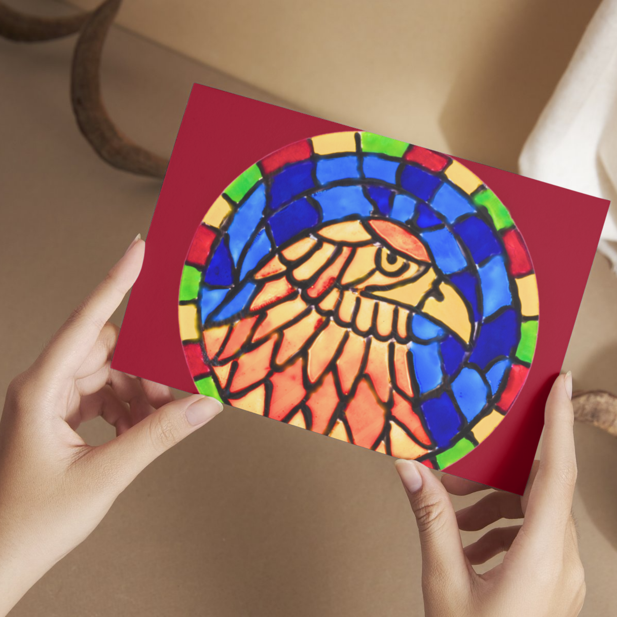 Stained Glass Eagle Portrait — Original Acrylic Painting Card | Bold Wildlife Art Gift