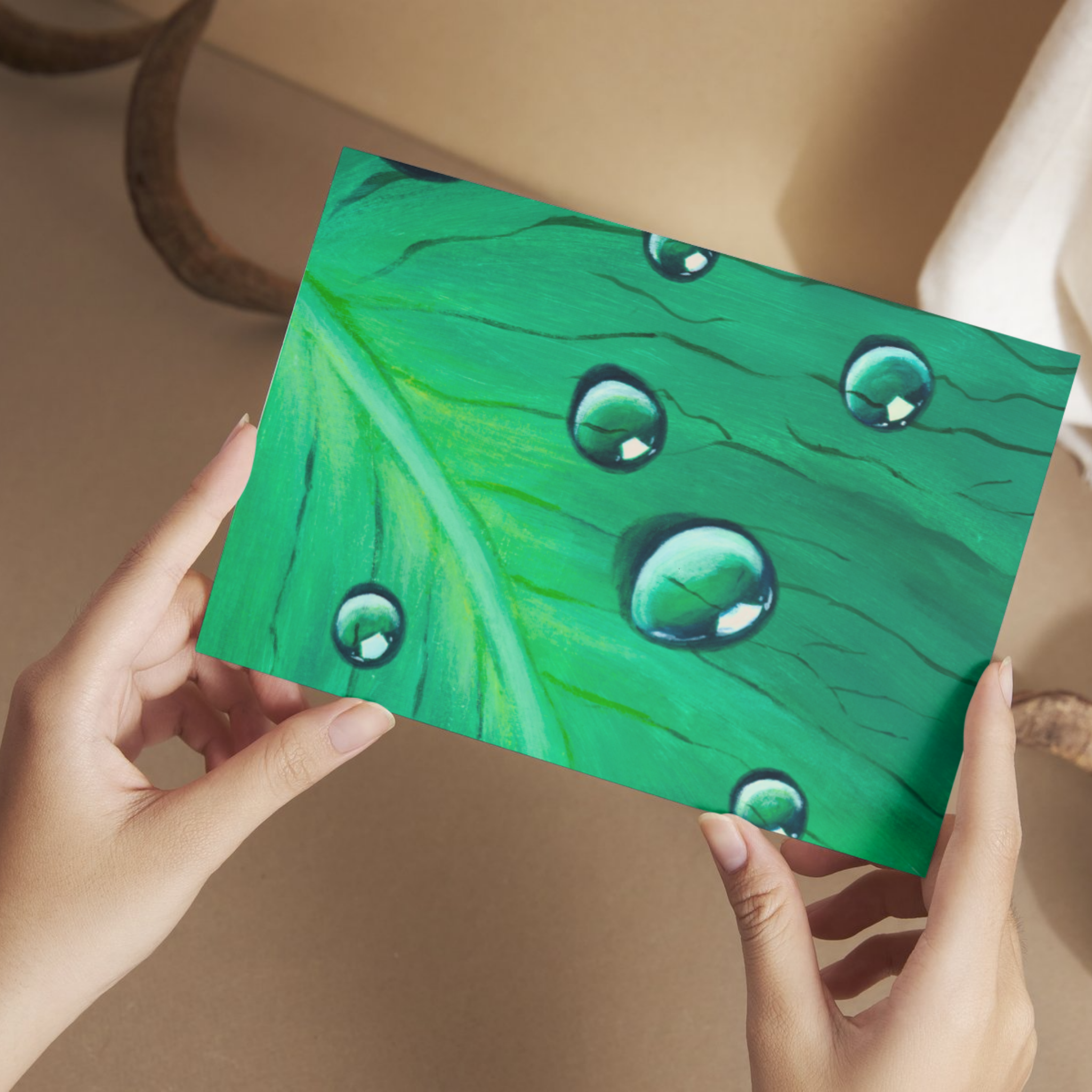 Dewdrop Leaf Floral Card – Acrylic Painting Design