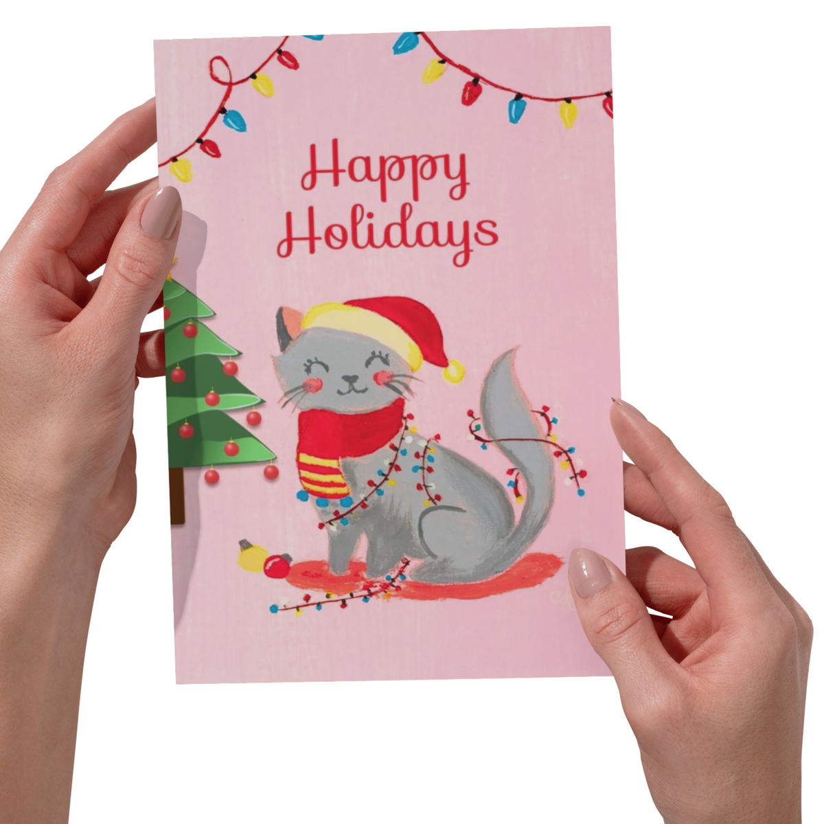 Happy Holidays Grey Cat & Fairy Lights — Original Acrylic Painting Card | Cute Cat Festive Gift