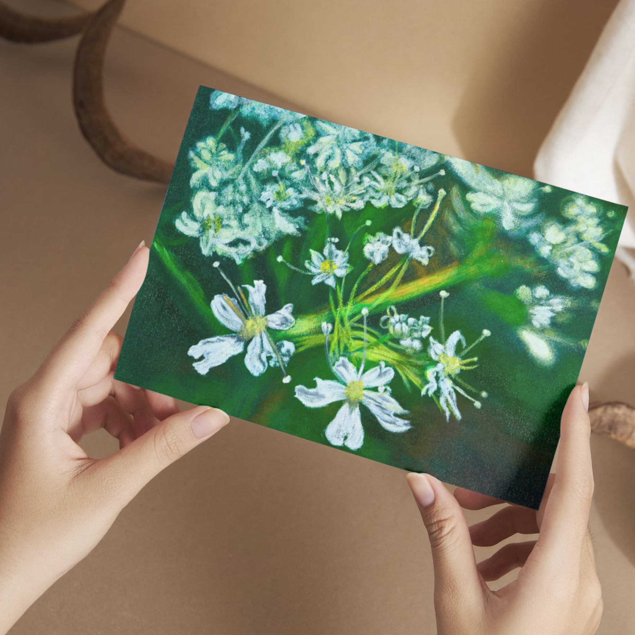 White Blossom Floral Card – Acrylic Painting Design