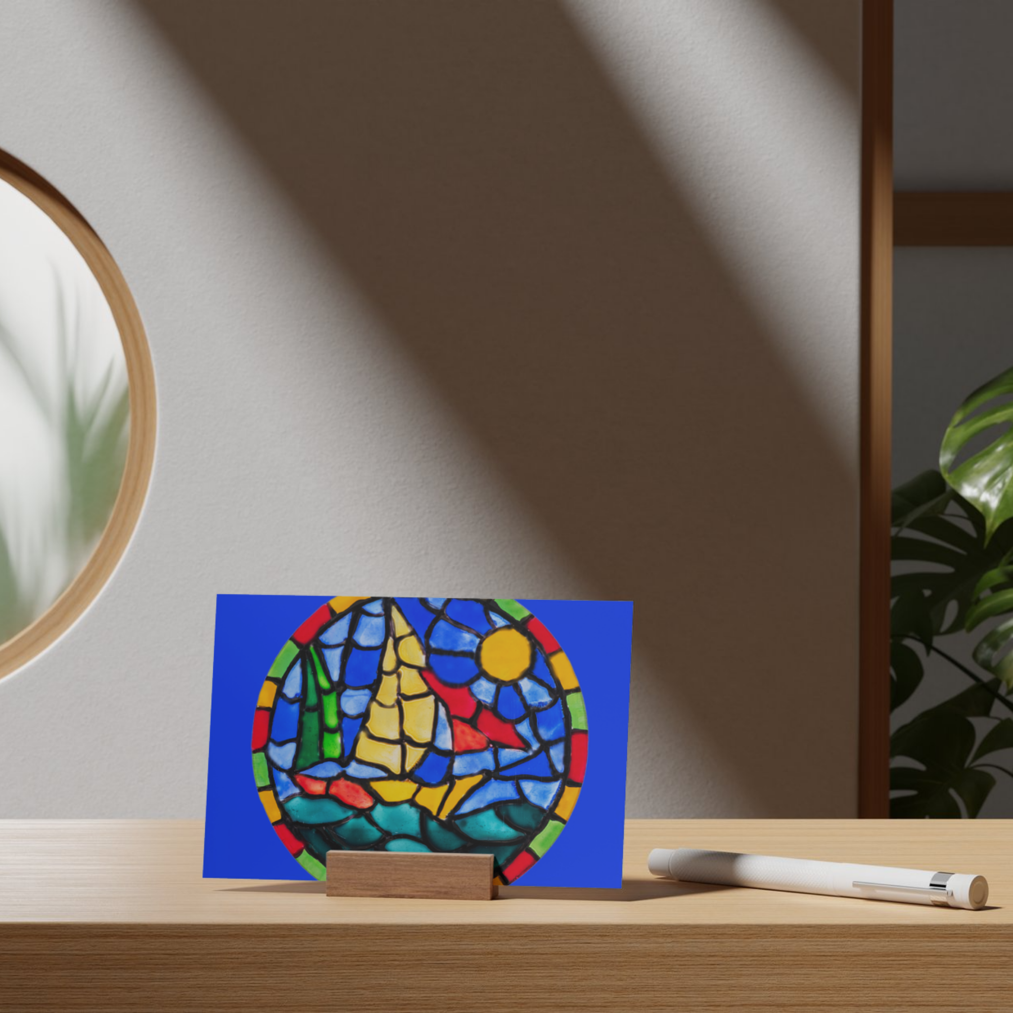 Stained Glass Sailboat at Sea — Original Acrylic Painting Card | Nautical Sun & Ocean Art