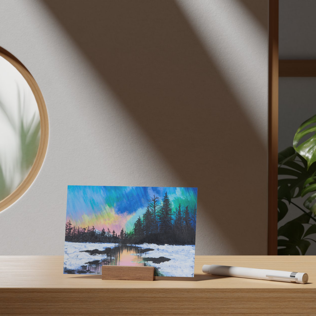 Aurora Borealis Winter Landscape Card – Acrylic Painting