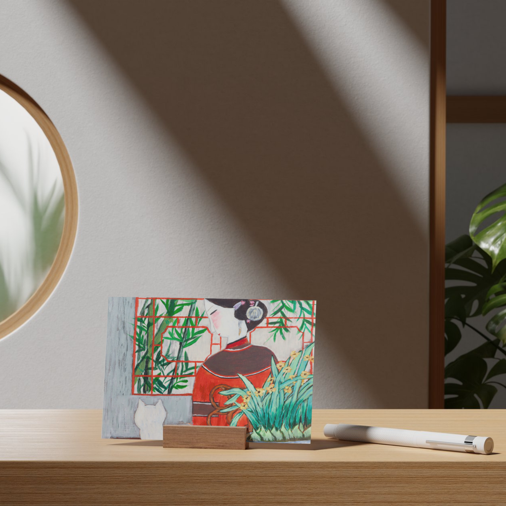 Oriental Lady with Cat – Bamboo Garden Art Greeting Card