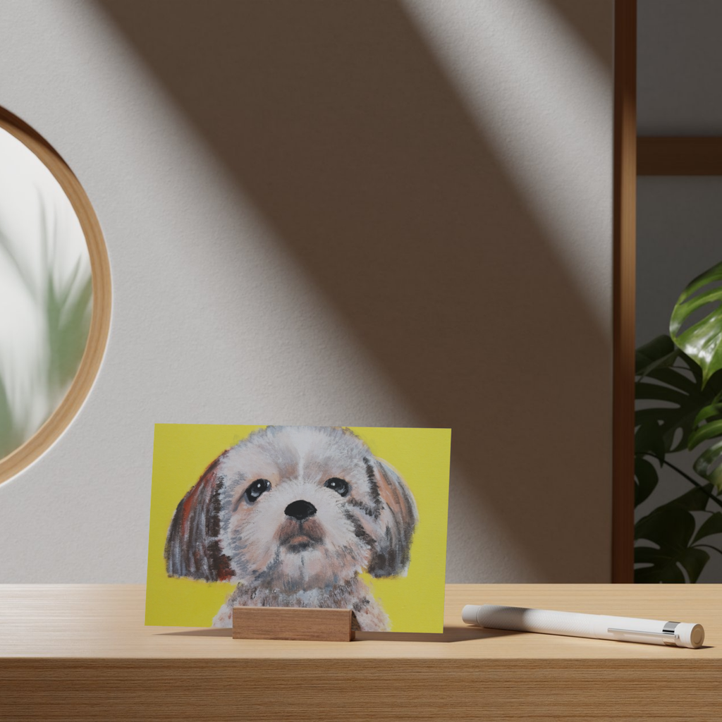 Original Acrylic Dog Portrait Art Card – Bright Yellow Background