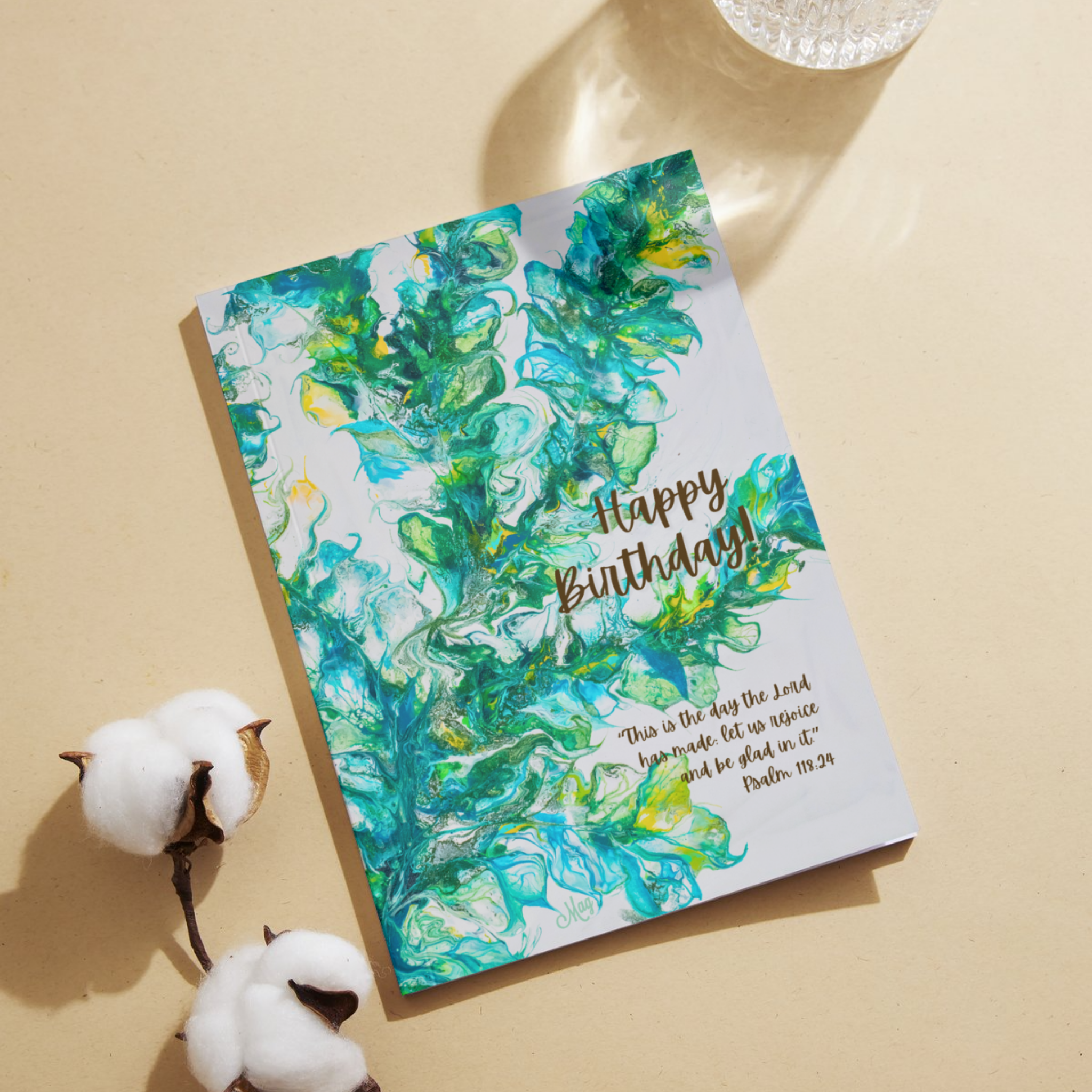 Acrylic Flow Card – Happy Birthday Greeting Card with Abstract Swirls & Psalm 118:24 Blessing