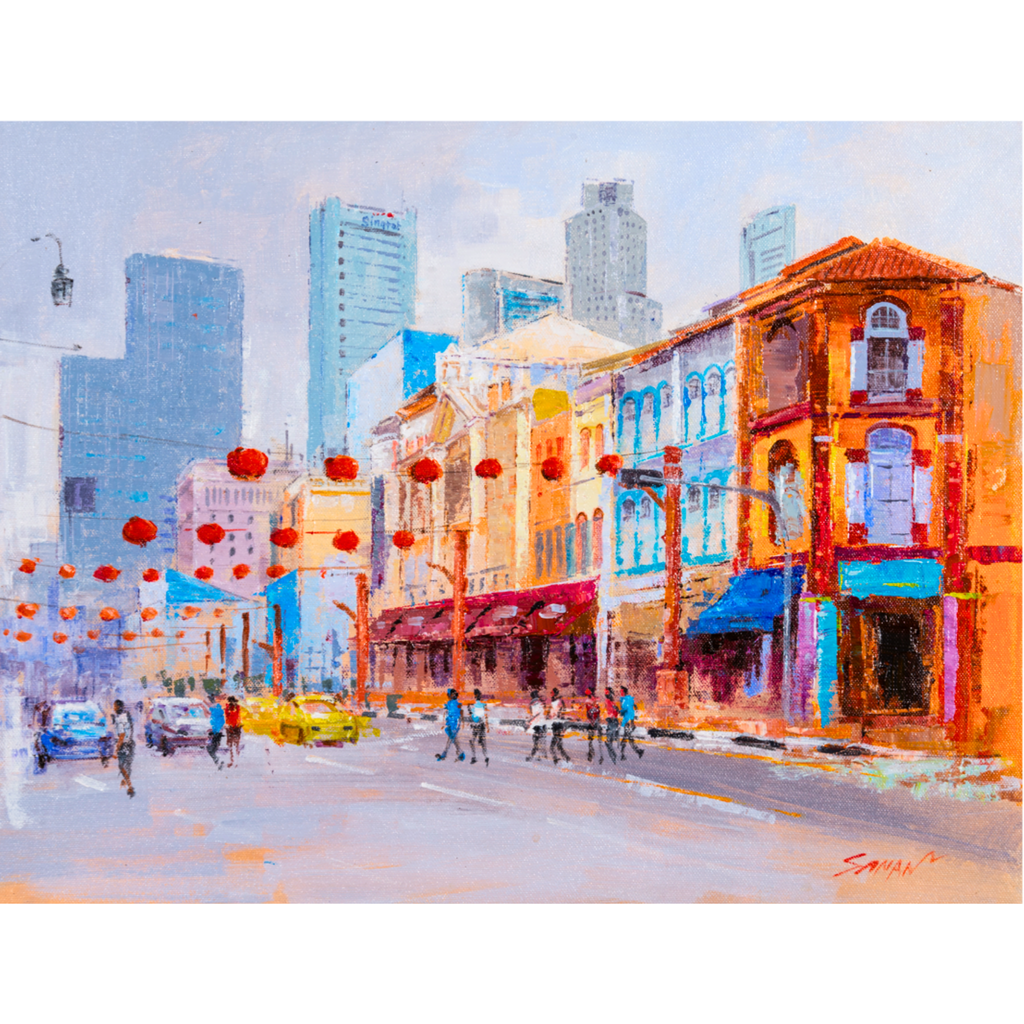 Singapore Chinatown Street Scene Landscape Card – Curated Acrylic Painting Design