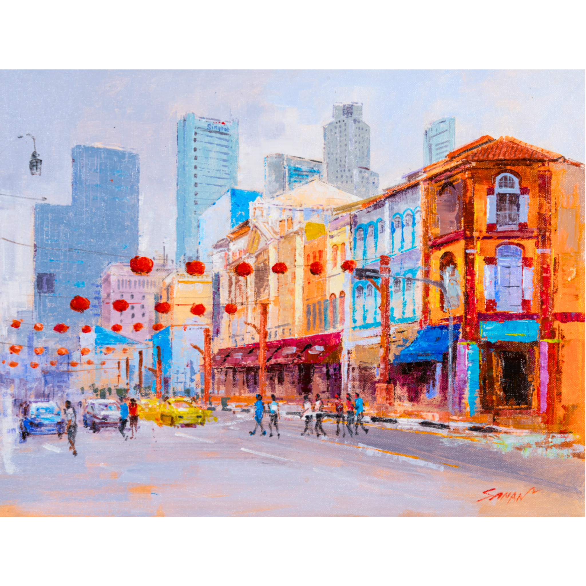 Singapore Chinatown Street Scene Landscape Card – Curated Acrylic Painting Design