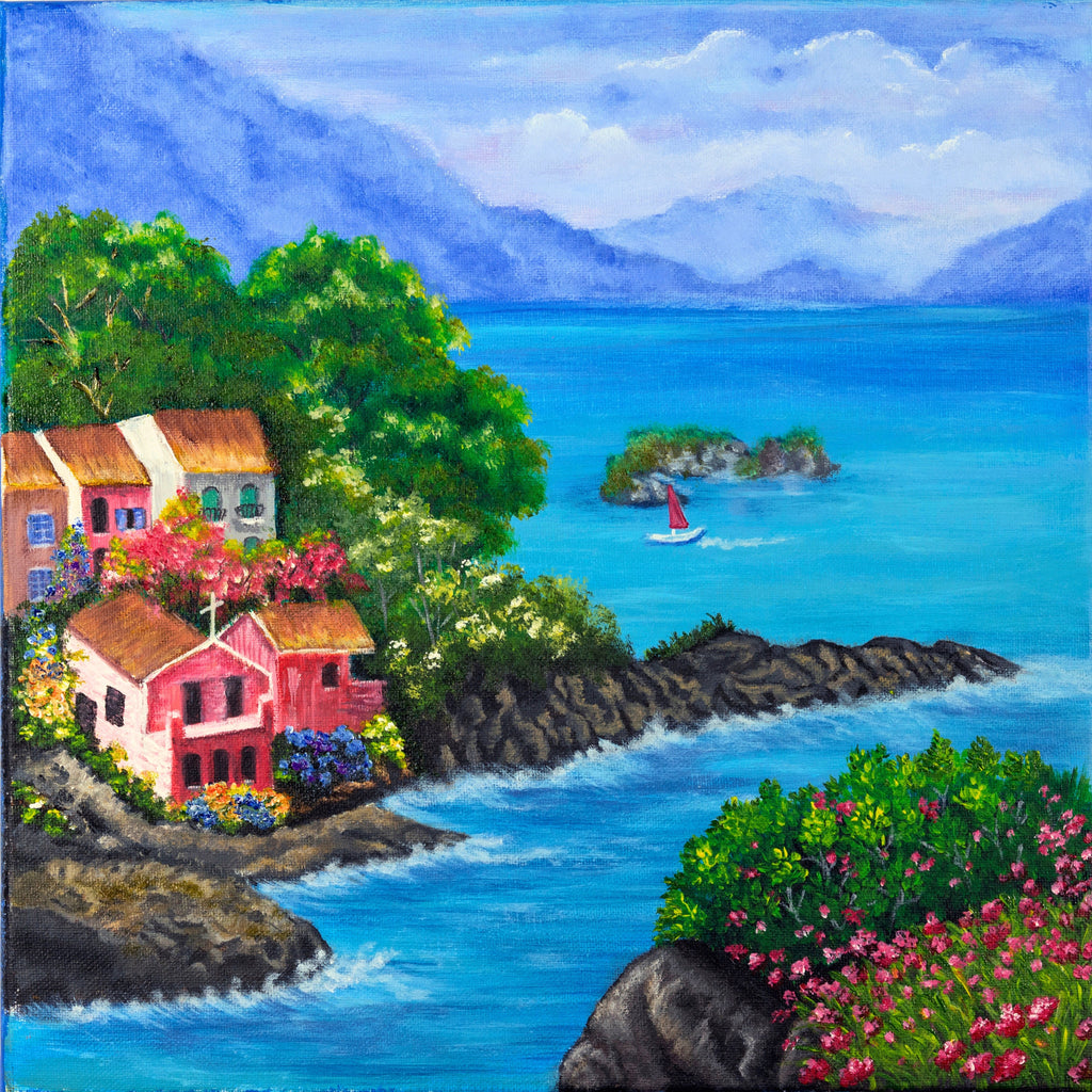 Seaside Bloom Mug – Ceramic Mug with Vibrant Coastal Village & Nature Artwork