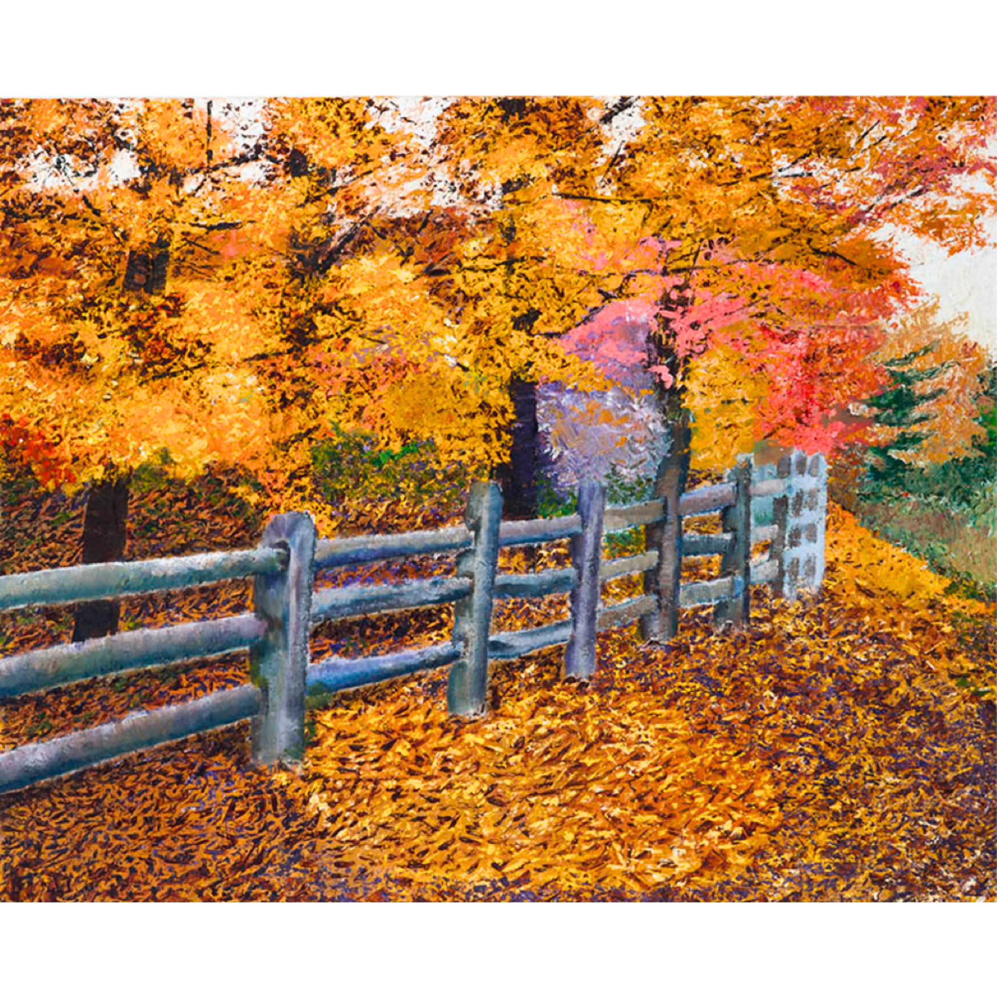 Autumn Fence Landscape Card – Acrylic Painting Design