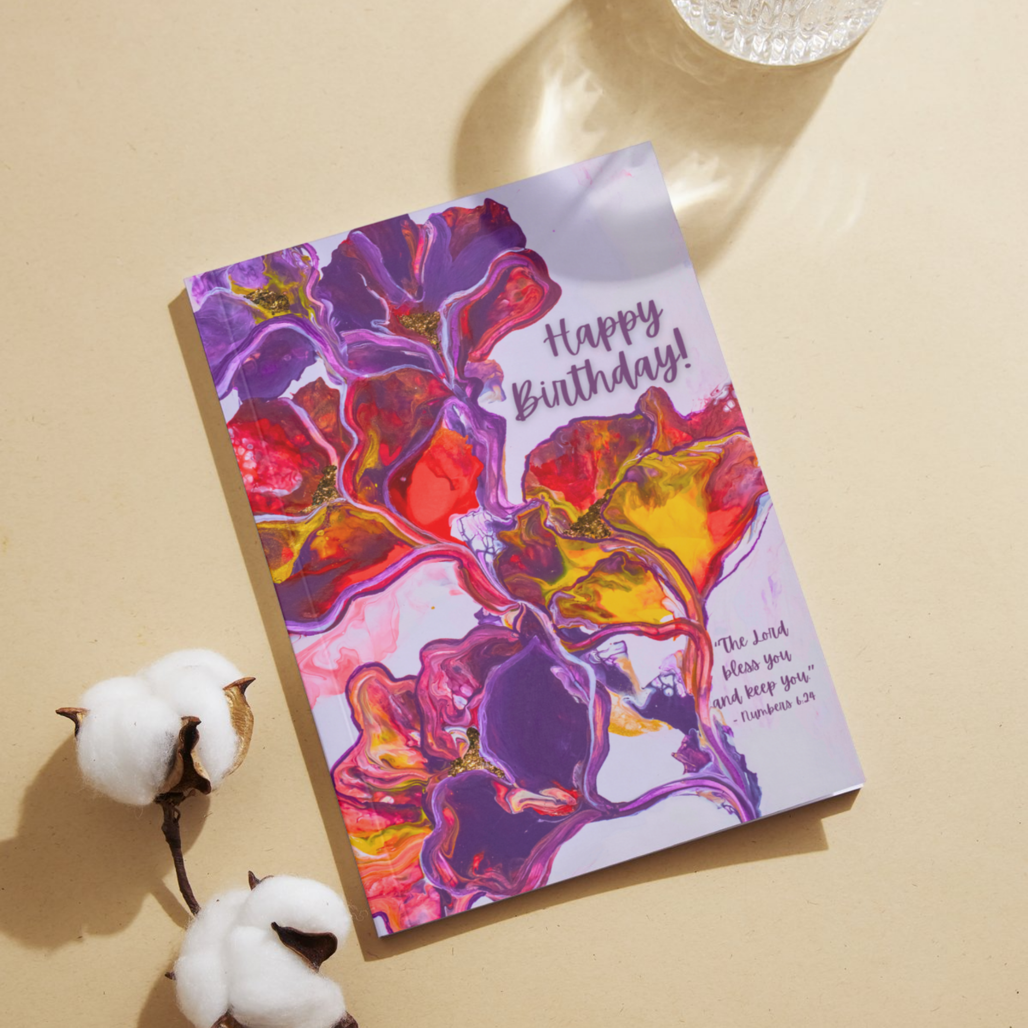 Blessed Bloom Acrylic Flow Card – Happy Birthday Greeting Card with Abstract Florals & Biblical Blessing