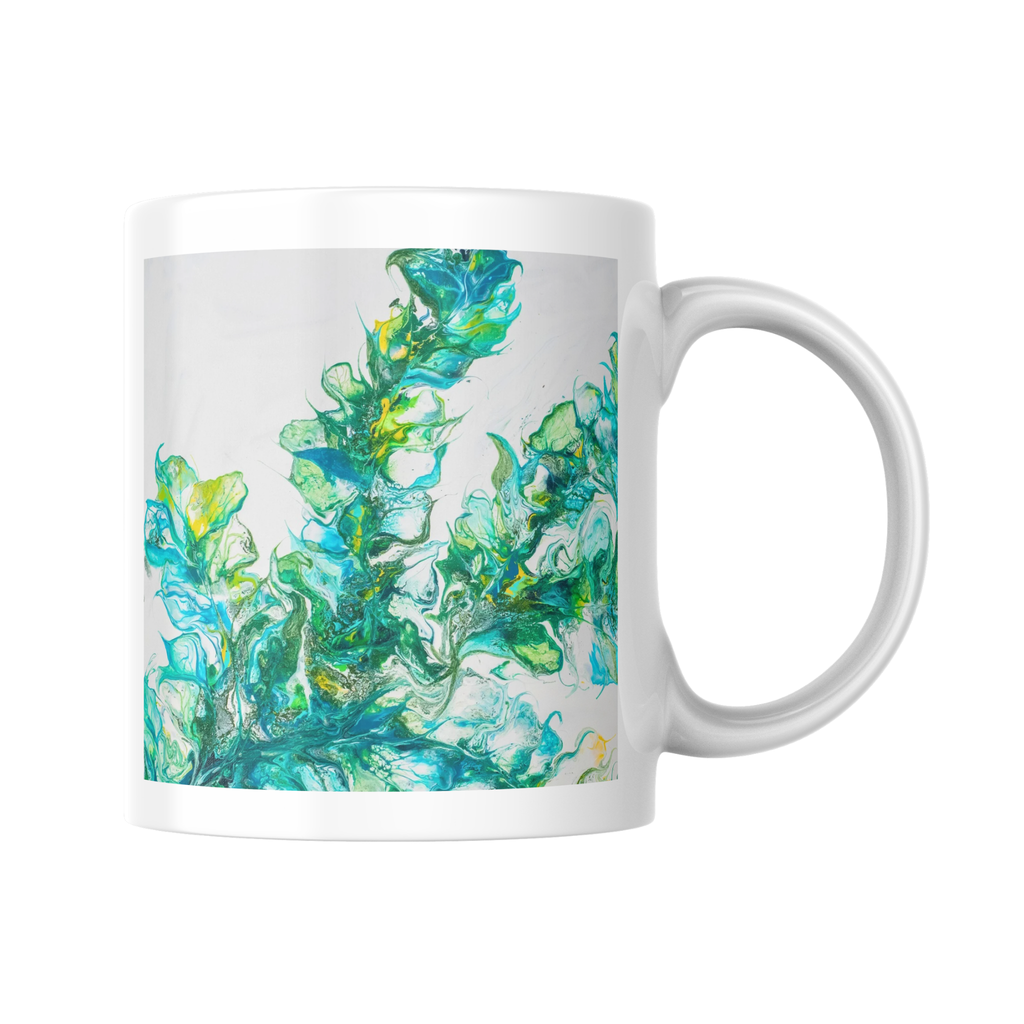 Riverlight Mug – Ceramic Mug with Swirling Abstract Design in Green, Blue & Yellow