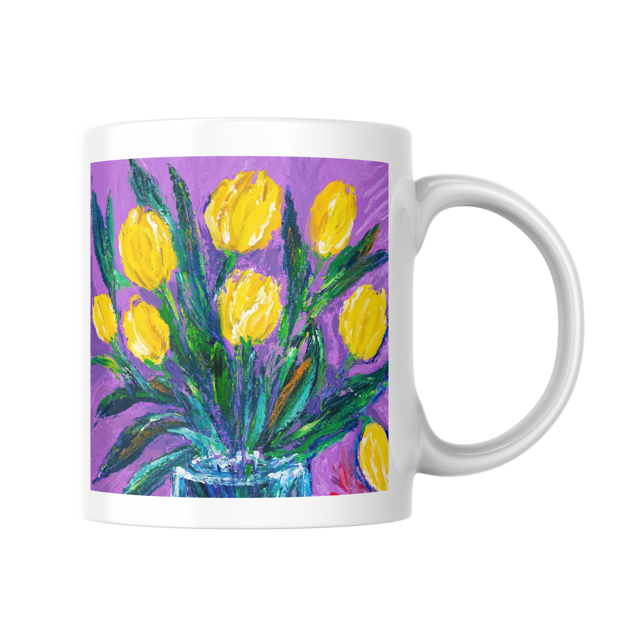 Sunlit Blooms Mug – Ceramic Mug with Yellow Tulips in a Clear Vase Artwork
