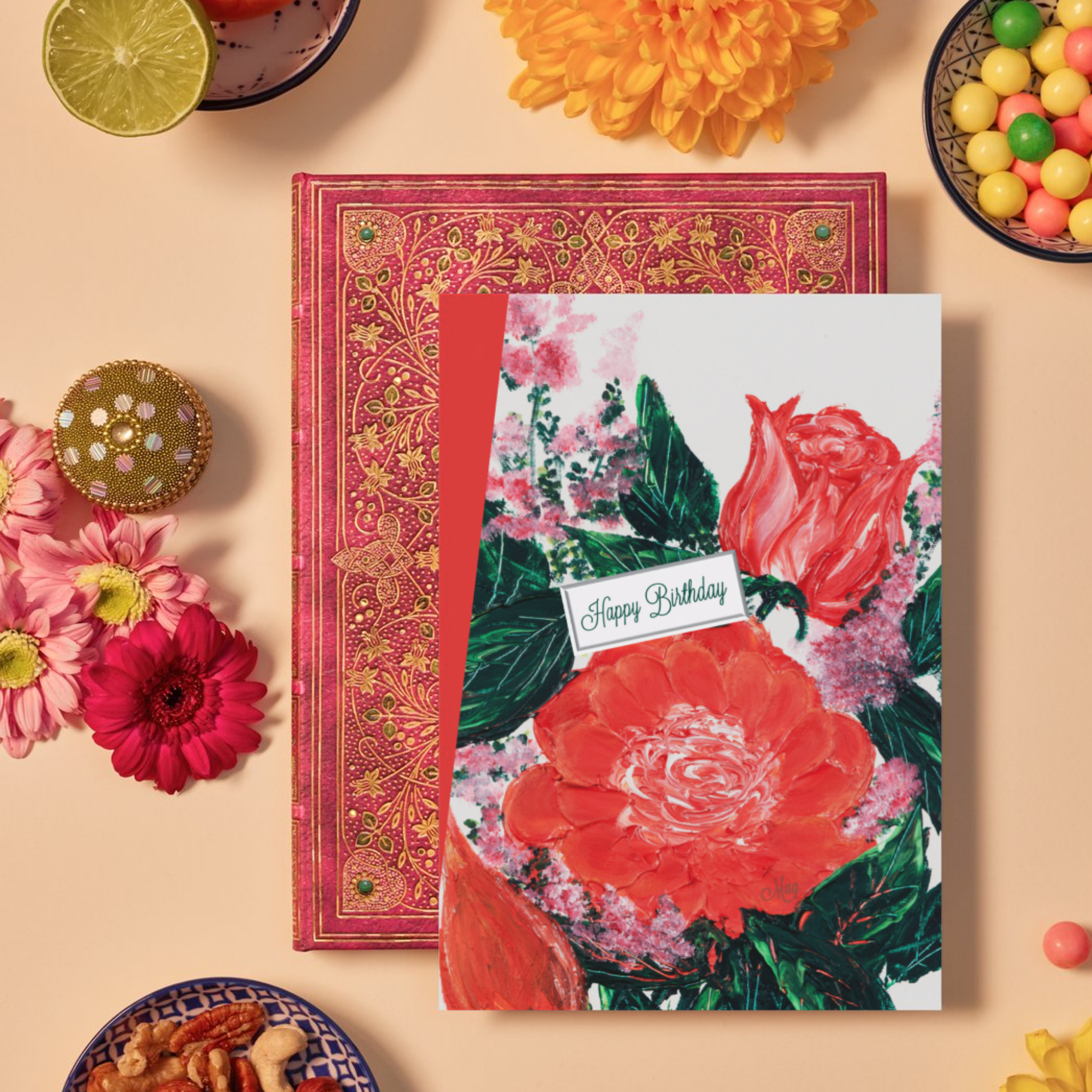Floral Bloom Card – Happy Birthday Greeting Card with Red & Pink Blossoms