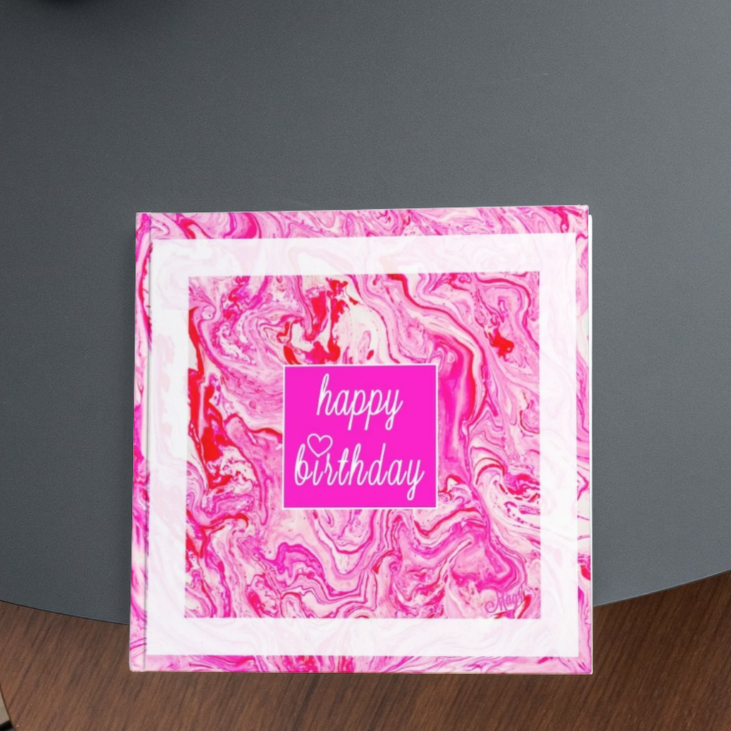 Acrylic Flow Card – Happy Birthday Greeting Card with Pink Marbled Background & Heart Accent