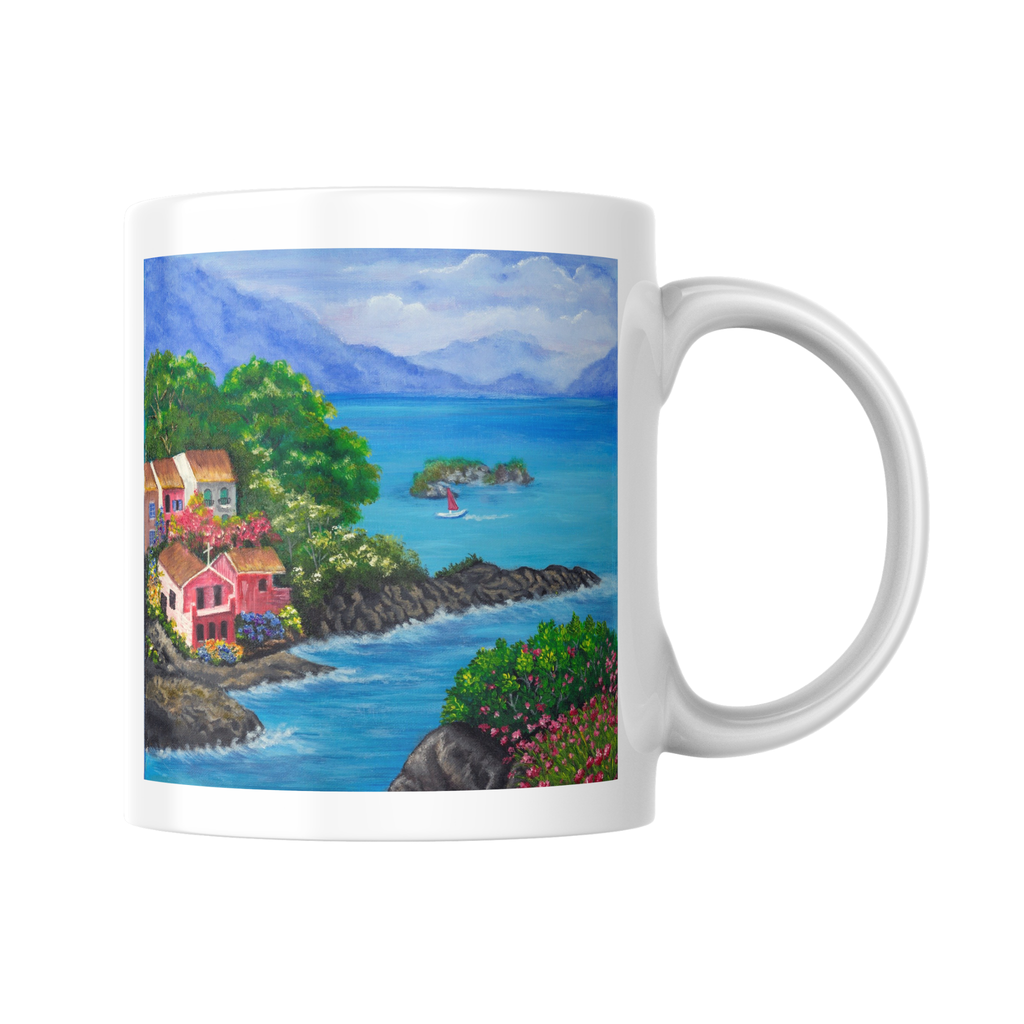 Seaside Bloom Mug – Ceramic Mug with Vibrant Coastal Village & Nature Artwork