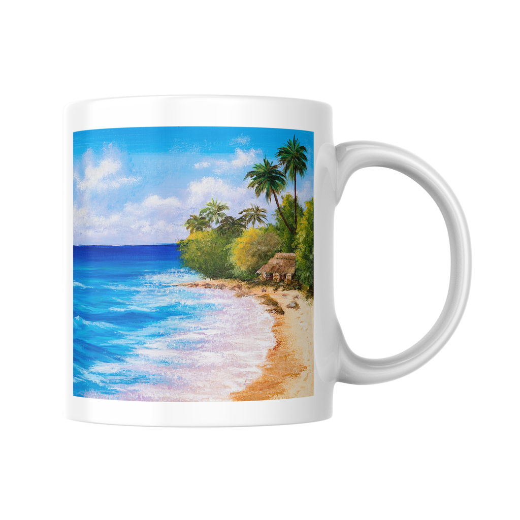 Coastal Retreat Mug – Ceramic Mug with Tropical Beach Scene & Palm Hut