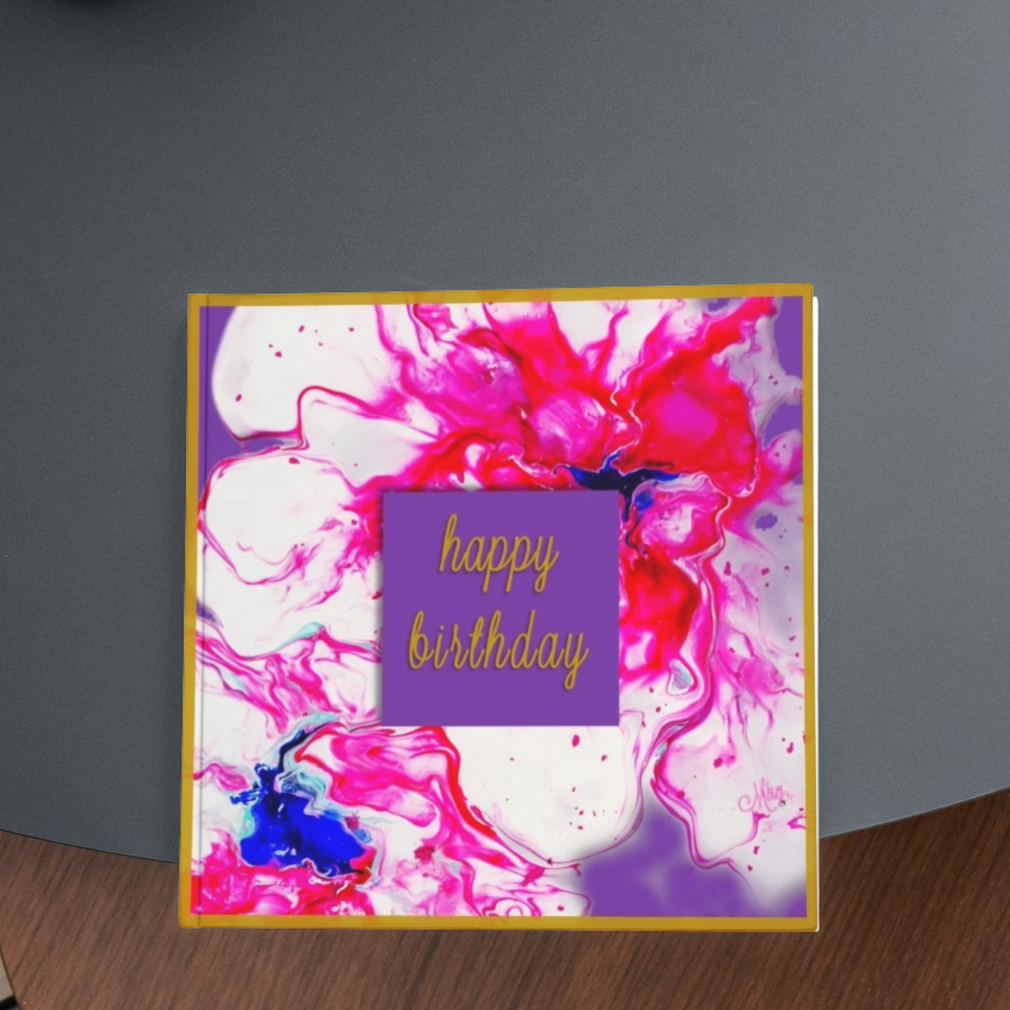 Radiant Swirl Acrylic Flow Card – Happy Birthday Greeting Card with Purple Floral & Gold Frame