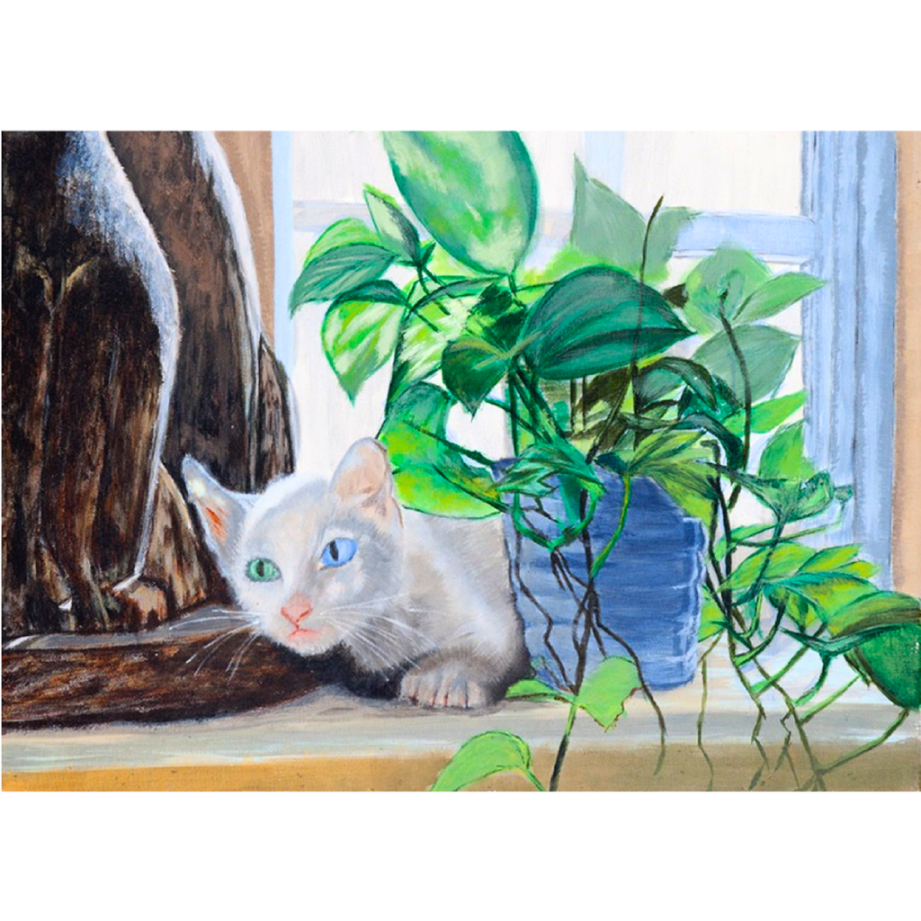 Original Acrylic White Cat with Green & Blue Eyes Art Card