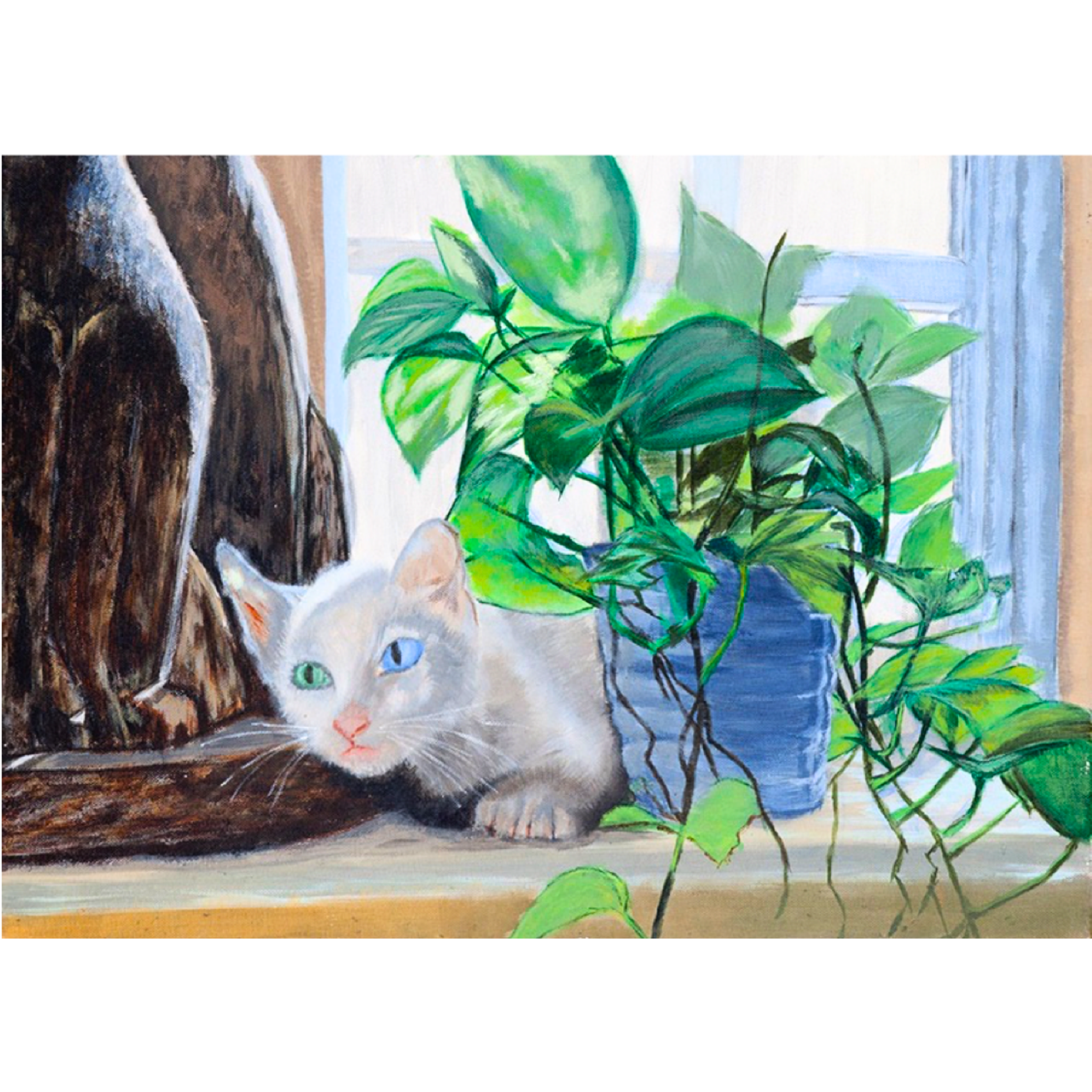 Original Acrylic White Cat with Green & Blue Eyes Art Card