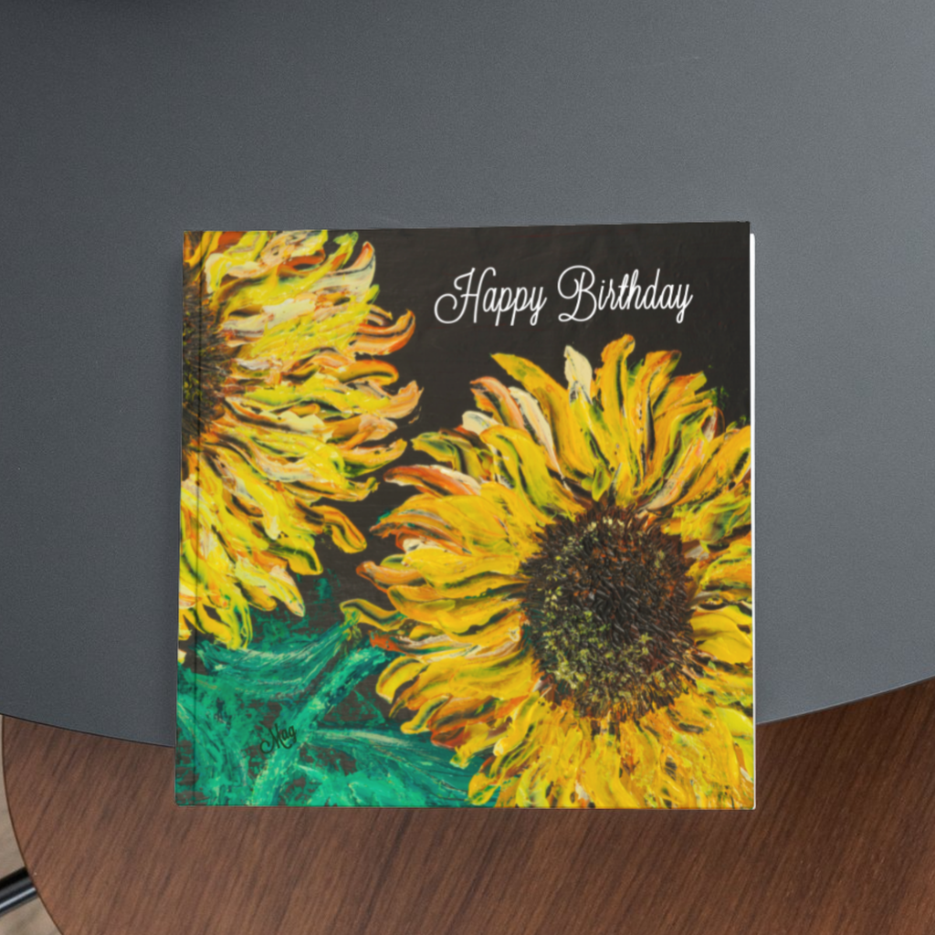 Sunflower Ember Card – Happy Birthday Greeting Card with Bold Sunflower Painting on Dark Background
