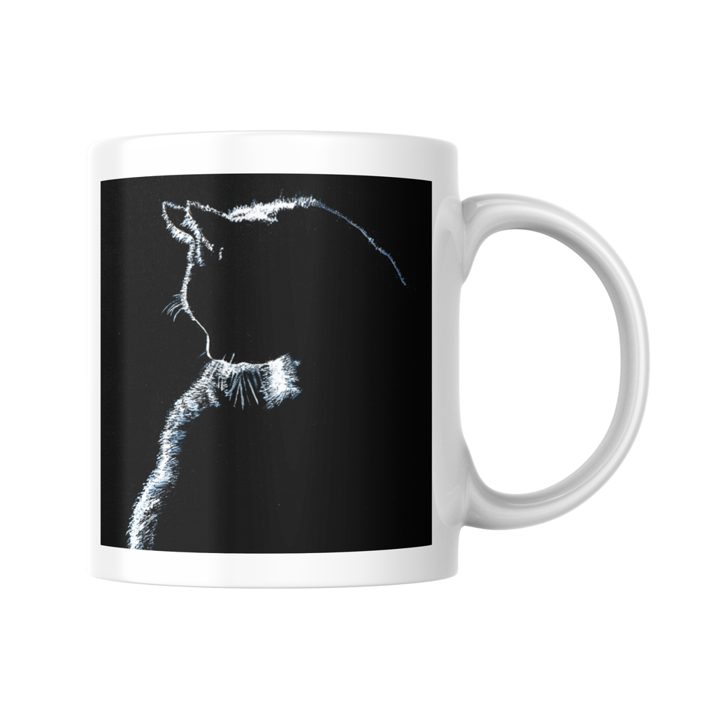 Stroke of Light Mug – Ceramic Mug with Minimalist Cat Silhouette on Black