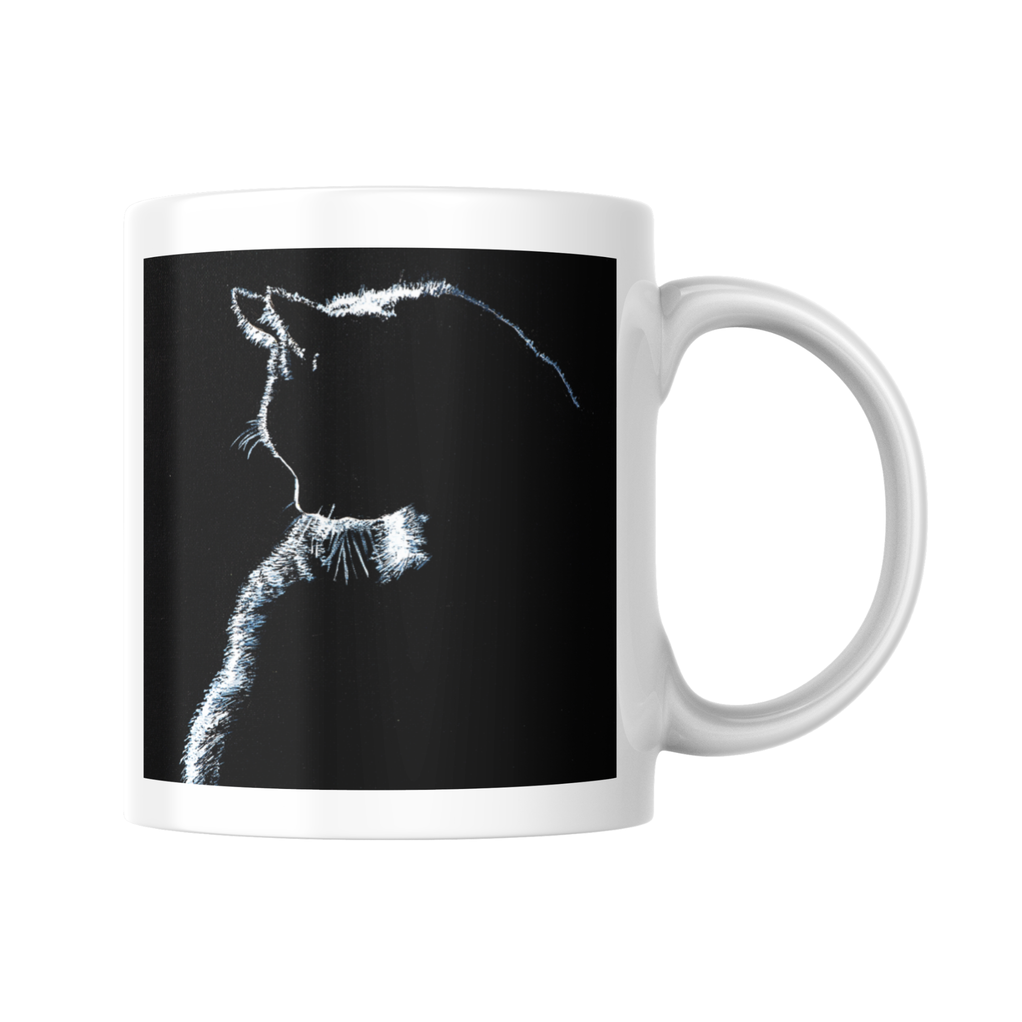 Stroke of Light Mug – Ceramic Mug with Minimalist Cat Silhouette on Black