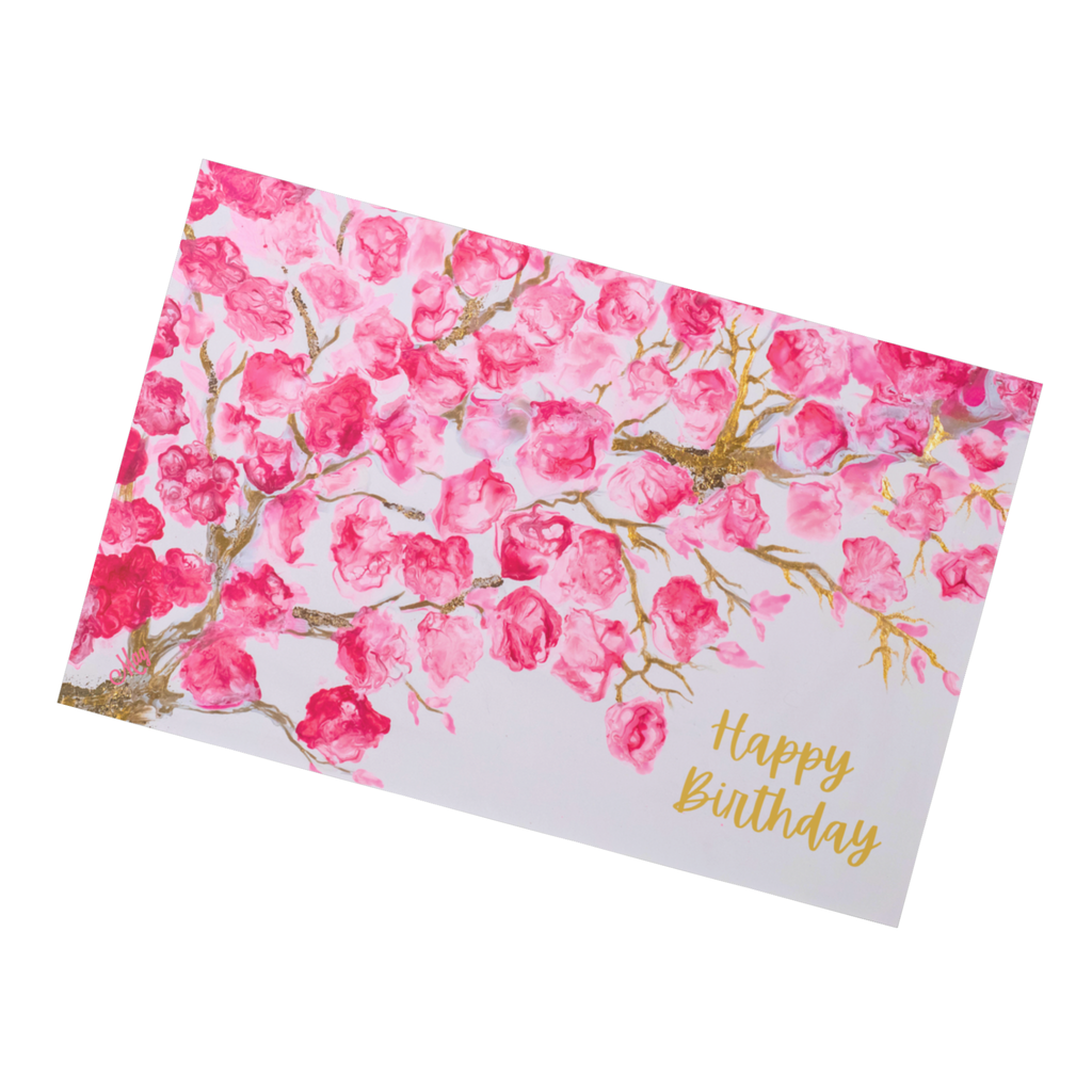 Pink Blossoms Impressionist Card – Happy Birthday Greeting Card with Pink Florals & Gold Branches
