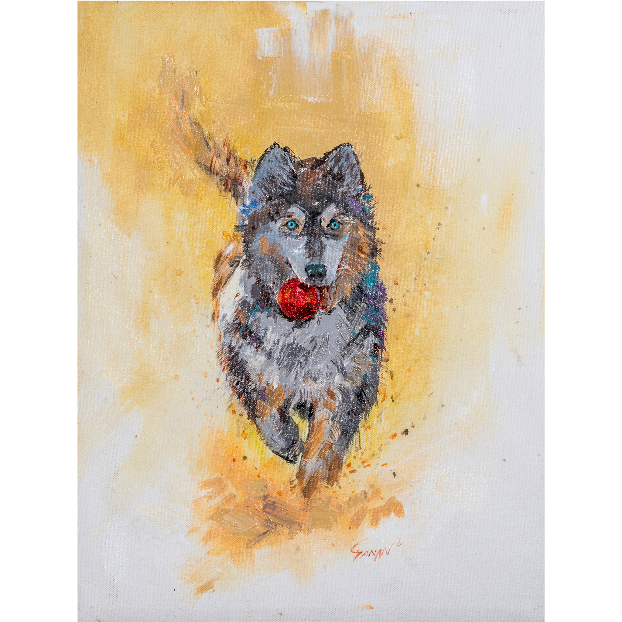 Playful Husky with Red Ball Mug – Energetic Dog Ceramic Coffee Mug