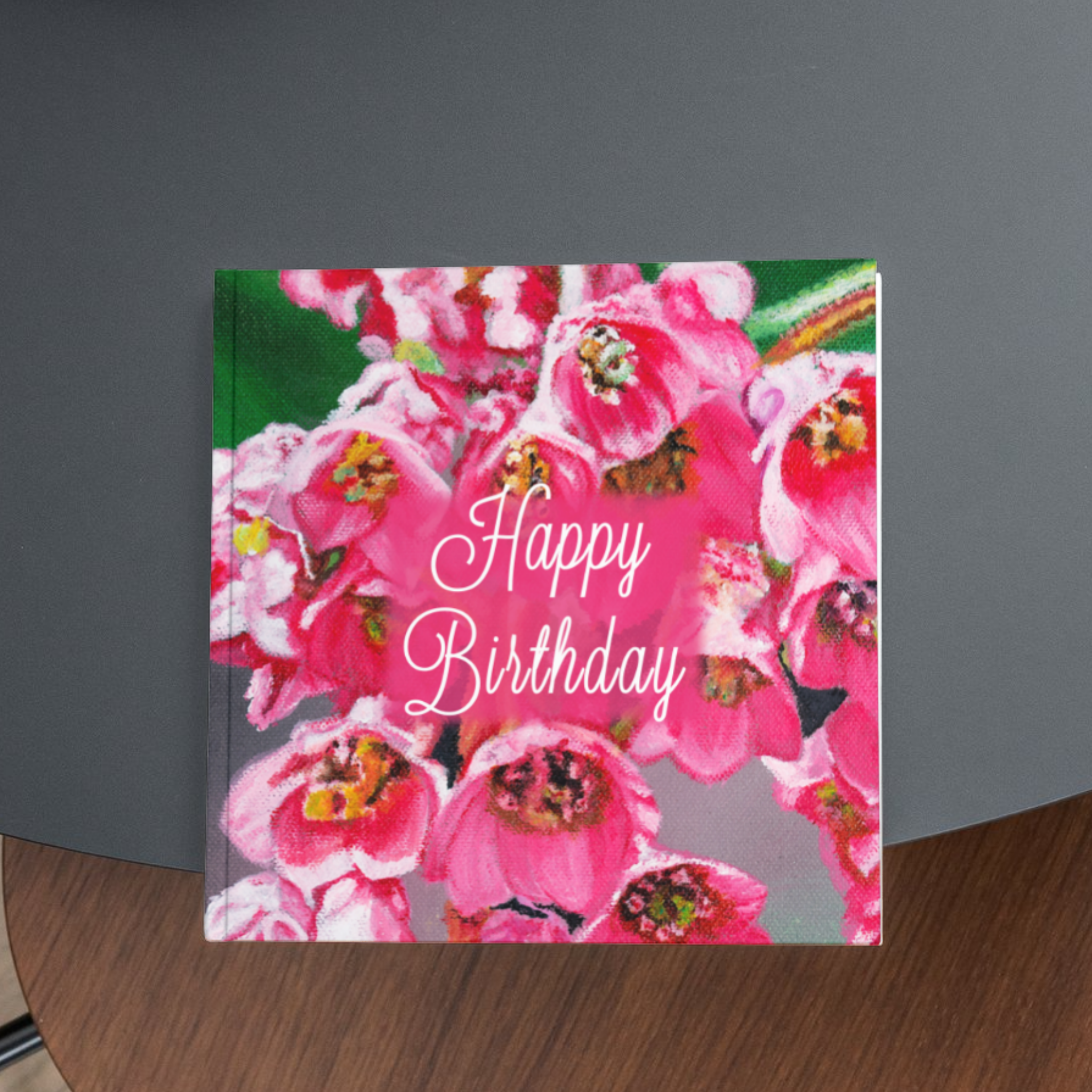 Birthday Bloom Card – Greeting Card with Pink Floral Design & Elegant Script