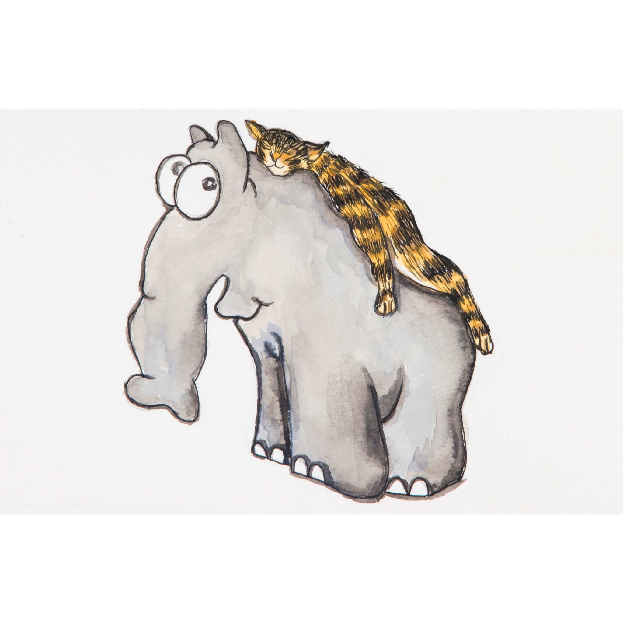Elephant & Cat Inspired Watercolor Art Card – Playful Companionship