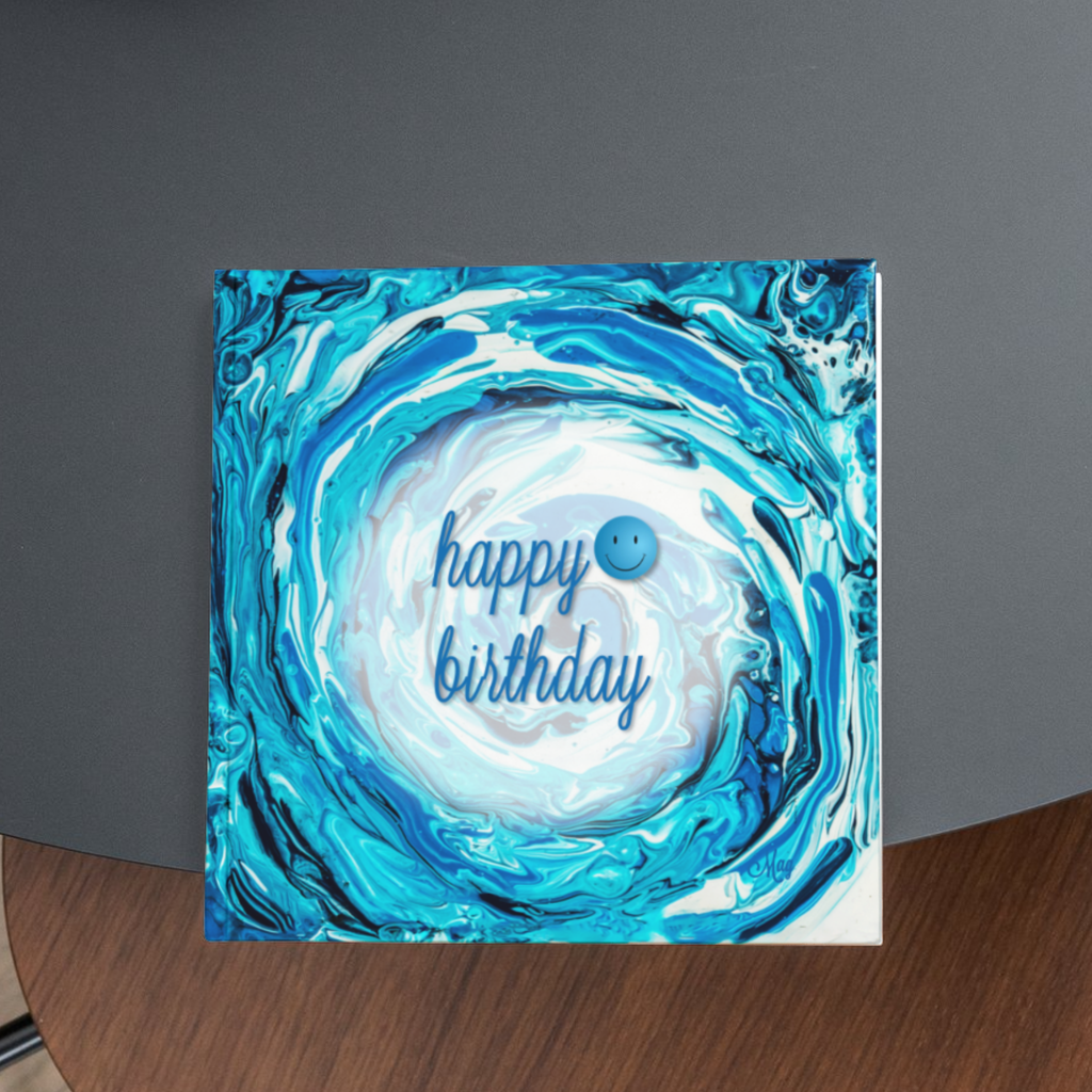 Spiral Splash Card – Happy Birthday Greeting Card with Acrylic Pour Spiral Wave & Smiley Detail