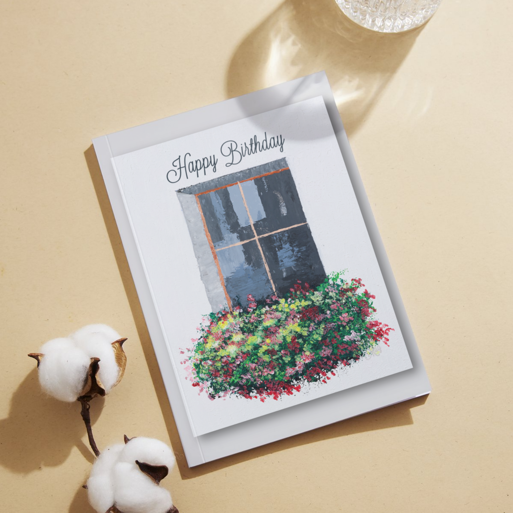 Window Garden Card – Happy Birthday Greeting Card with Painted Window & Flower Bed