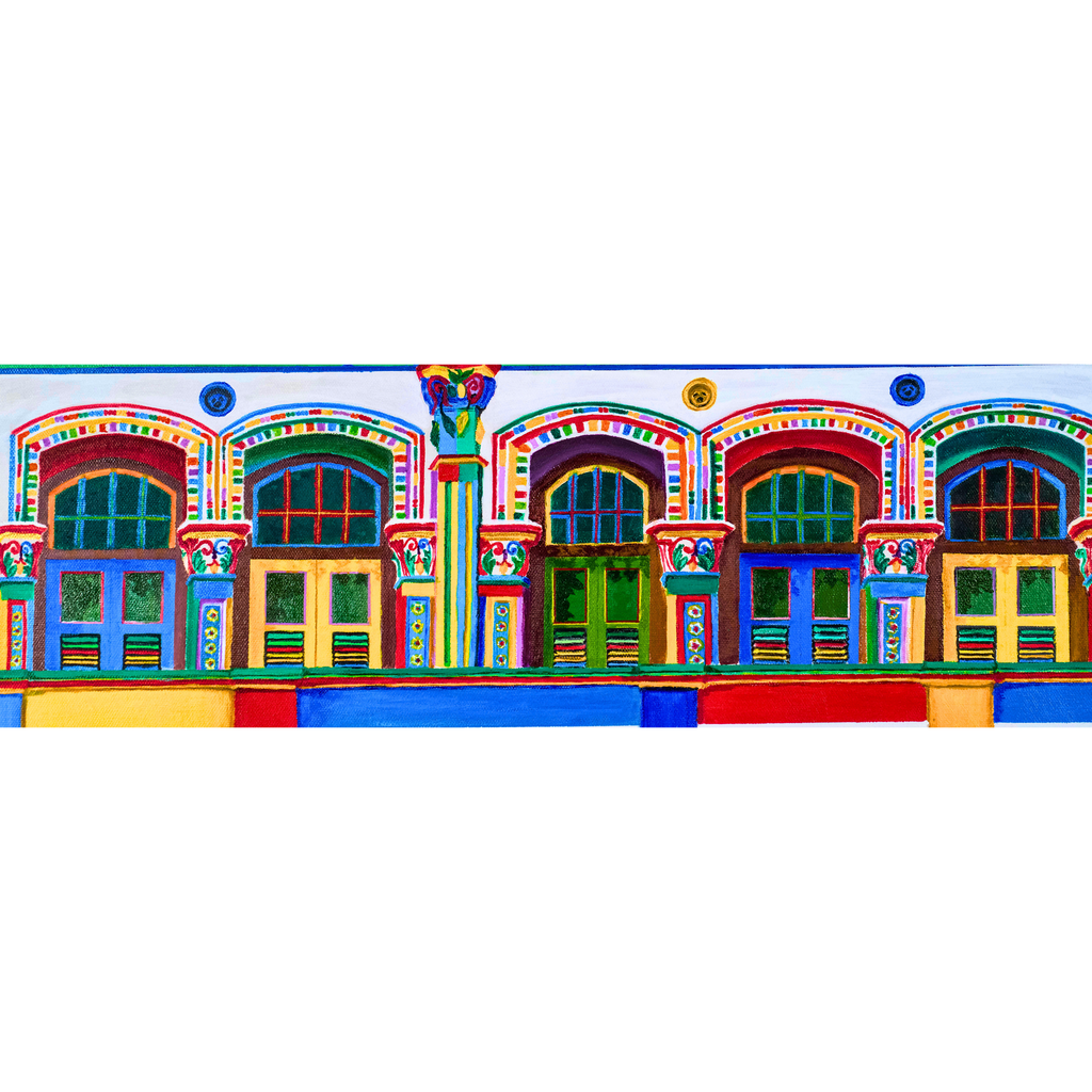 Pre‑War Heritage Row Houses Landscape Card – Acrylic Painting Design