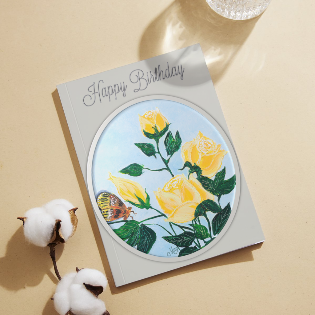 Rose Framed Card – Happy Birthday Greeting Card with Yellow Roses & Butterfly Illustration