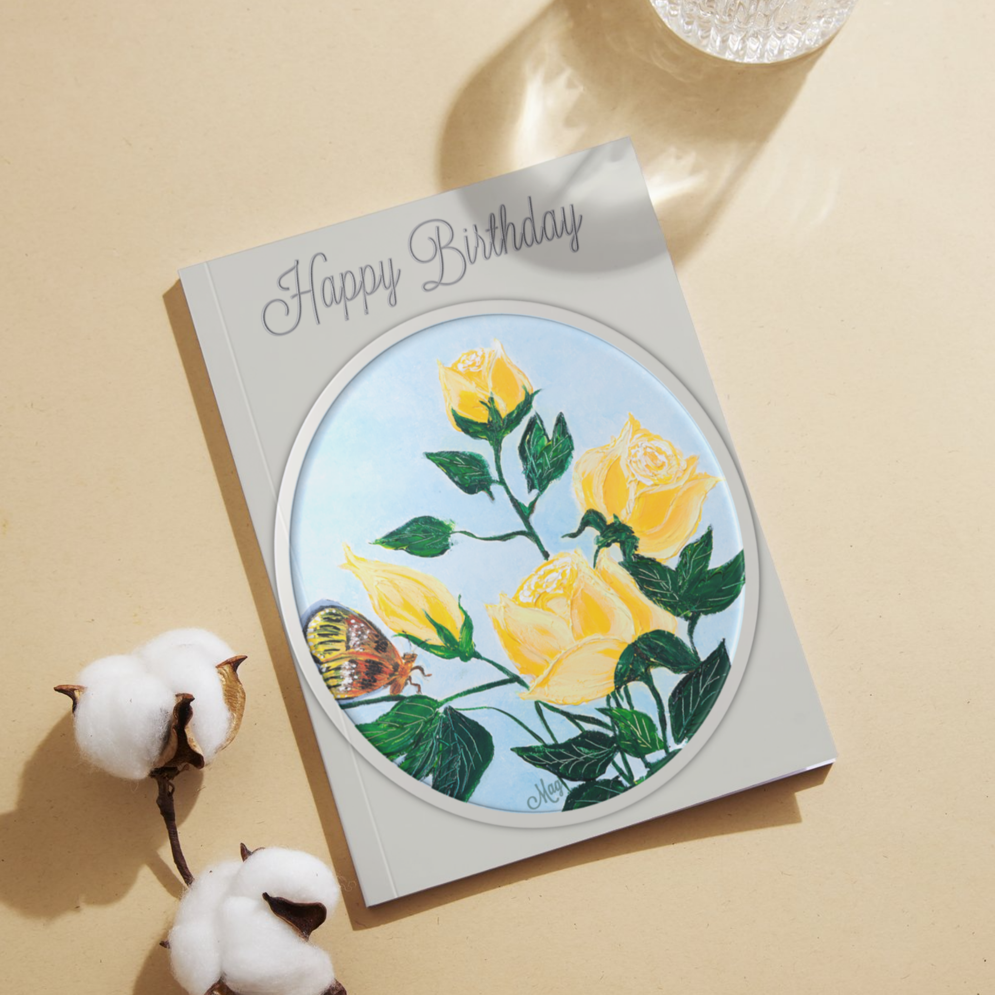 Rose Framed Card – Happy Birthday Greeting Card with Yellow Roses & Butterfly Illustration