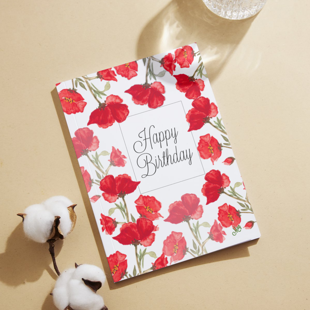 Poppy Frame Card – Happy Birthday Greeting Card with Watercolor Red Poppies