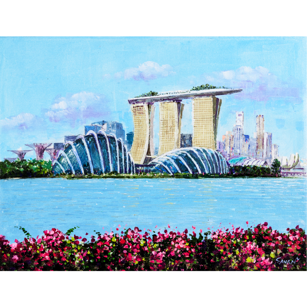 Marina Bay Sands & Gardens Landscape Card – Curated Acrylic Painting Design