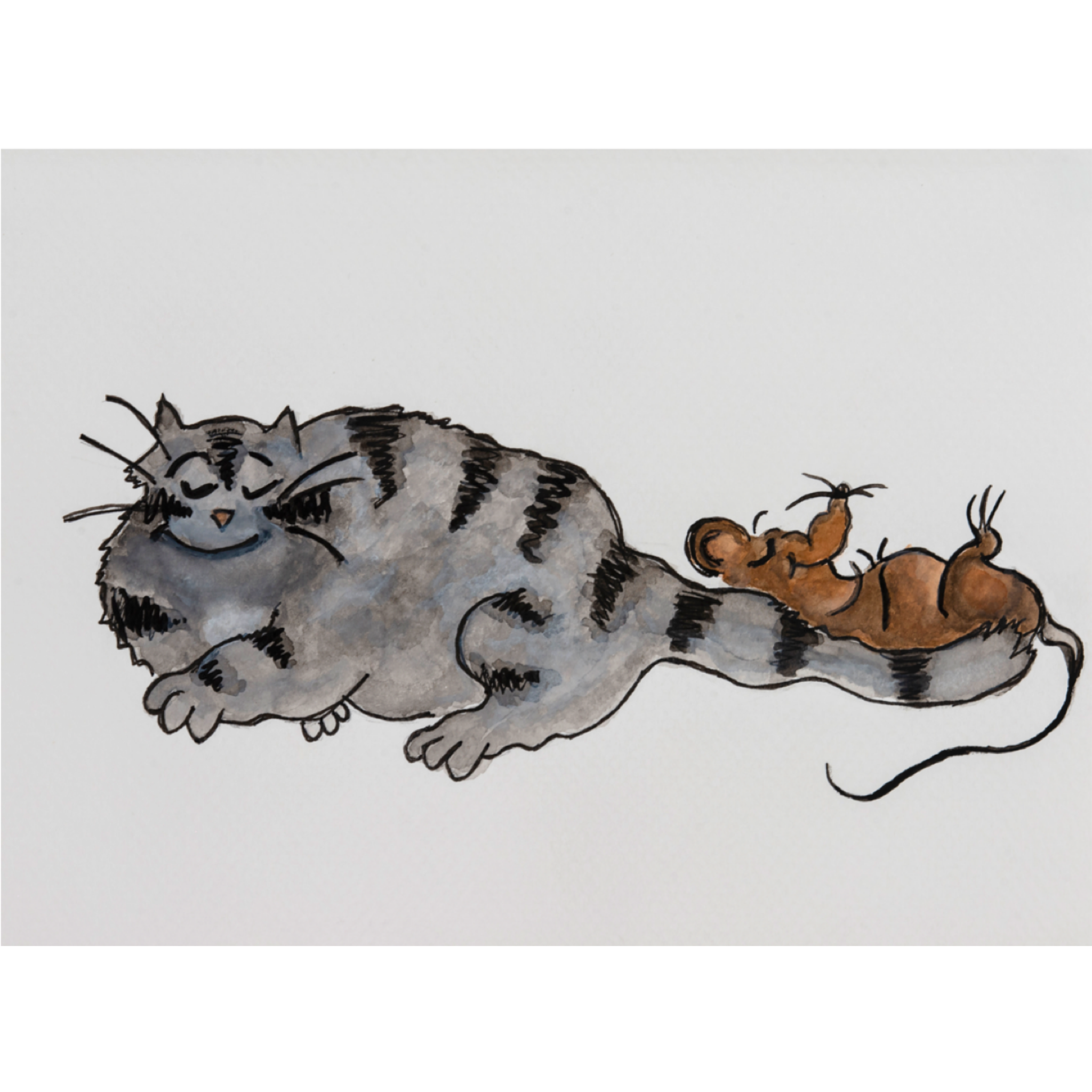 Cat & Mouse Inspired Line and Wash Art Card – Whimsical Friendship